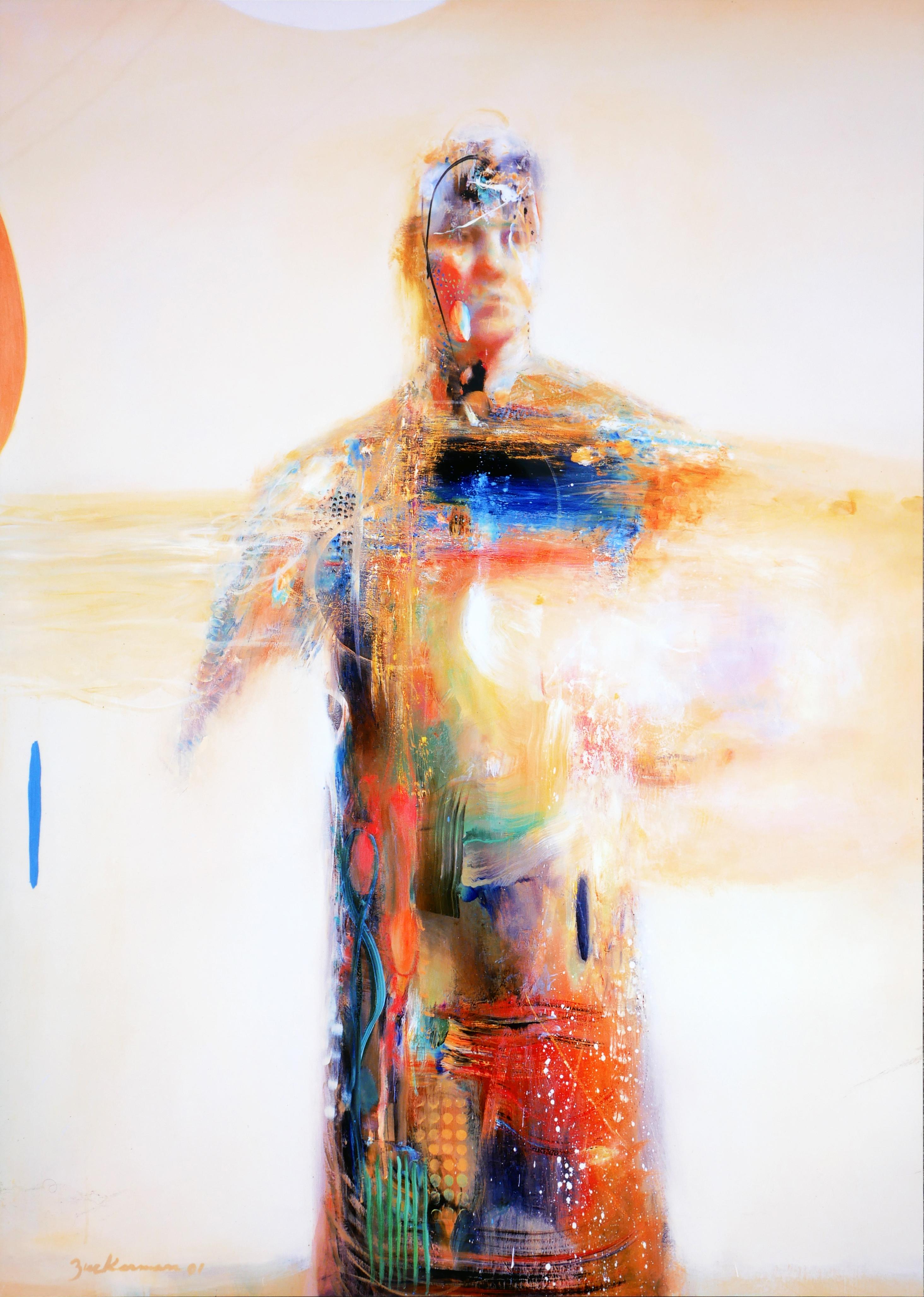 Kevin Zuckerman Abstract Drawing - "Heart of Man" Orange and Blue Abstract Figurative Print on Metal
