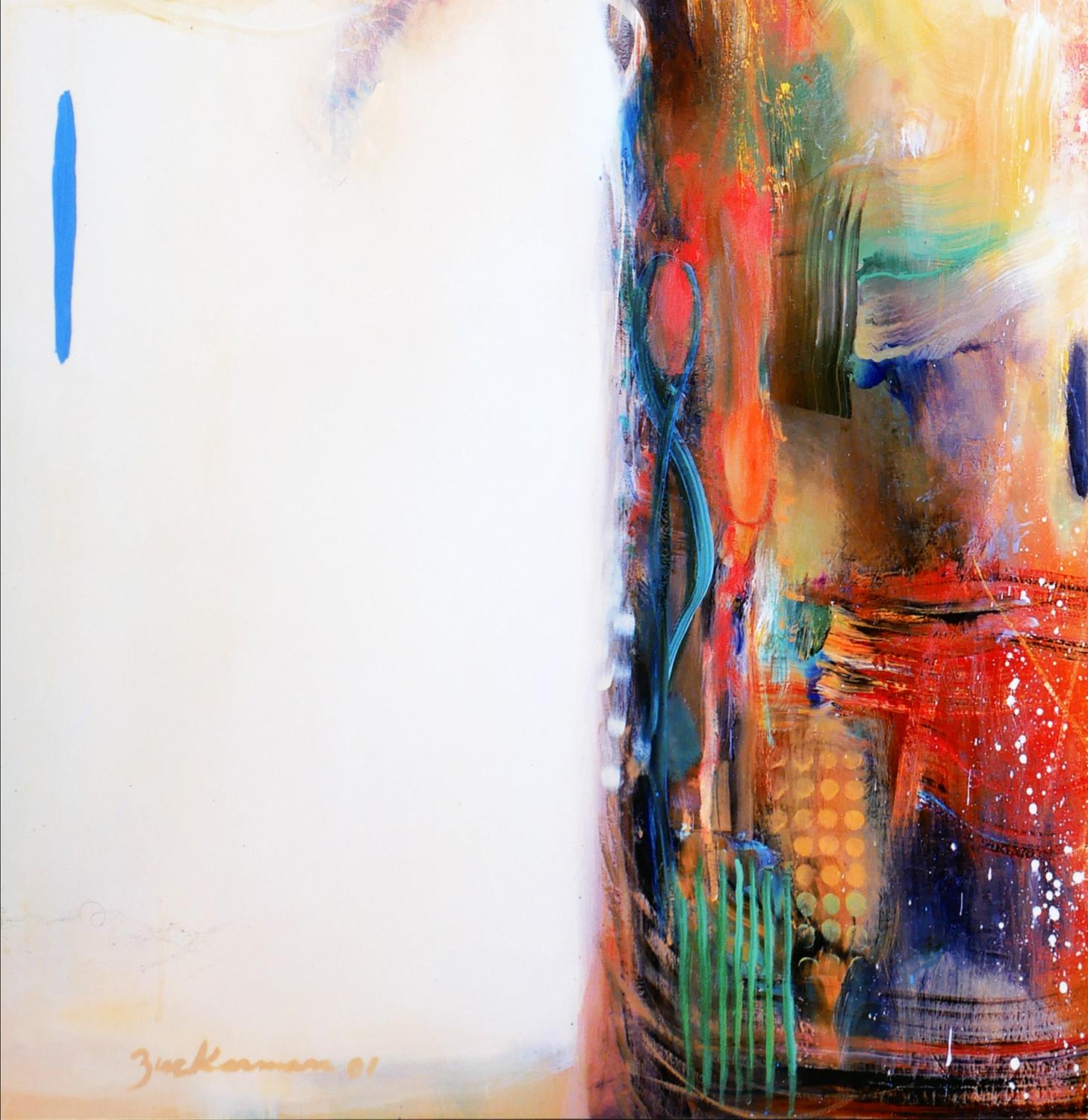 Orange and blue abstract figurative painting by Kevin Zuckerman. The print depicts a colorful male figure against a yellow-orange-toned background. The work is mounted metal and is signed and dated by the artist at the bottom right. Unframed but