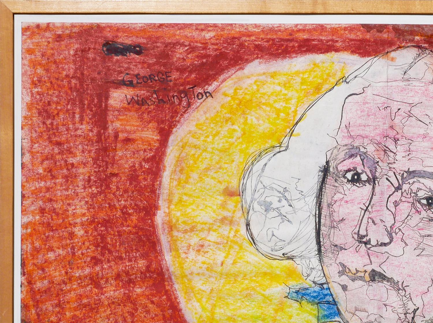 Portrait figuratif abstrait orange, bleu et jaune de l'artiste texan Ike E. Morgan. Ce dessin au pastel représente une figure abstraite de George Washington entourée d'un halo jaune sur un fond expressionniste rouge et orange. Signé par l'artiste en