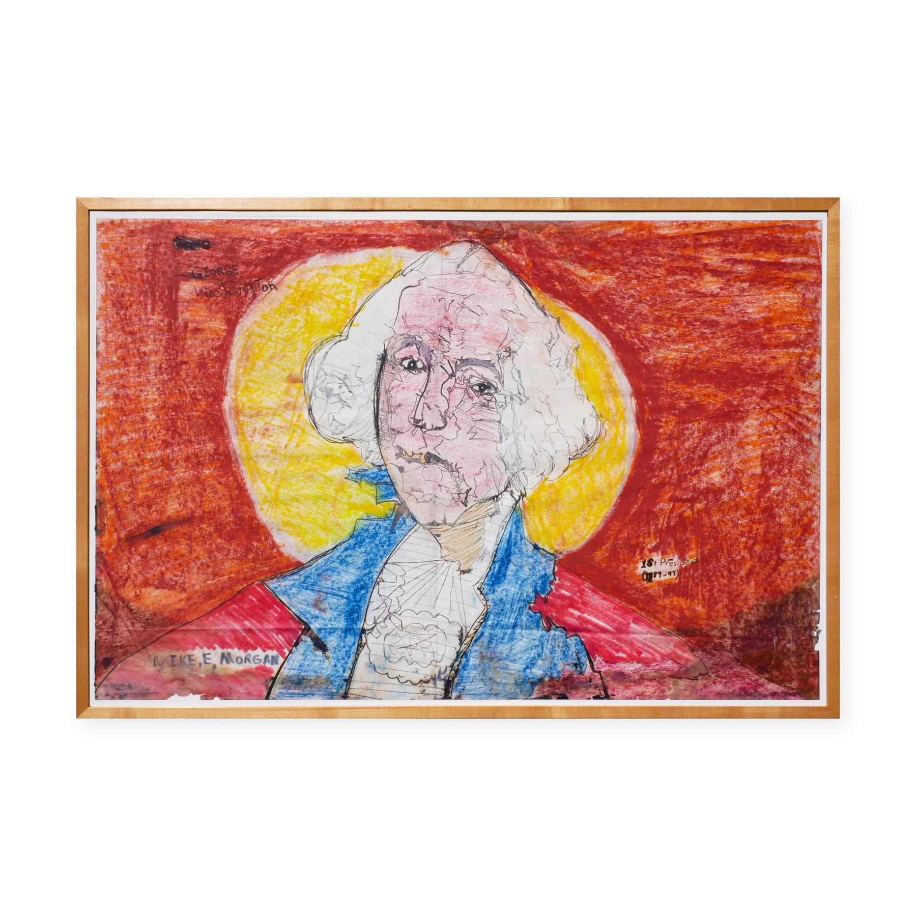 Portrait abstrait sans titre de George Washington orange, bleu et jaune - Expressionnisme abstrait Art par Ike E. Morgan