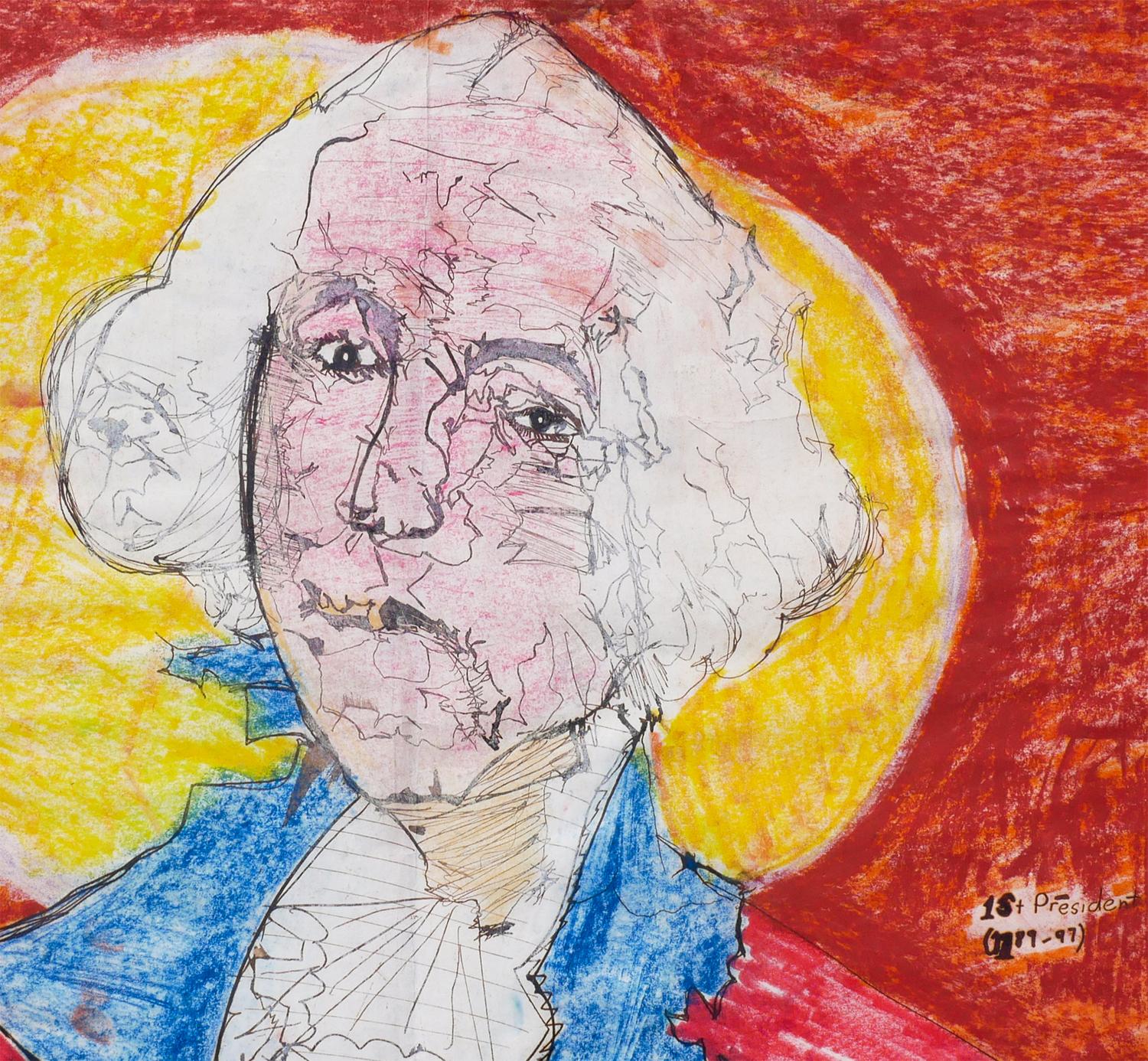 Portrait abstrait sans titre de George Washington orange, bleu et jaune en vente 4