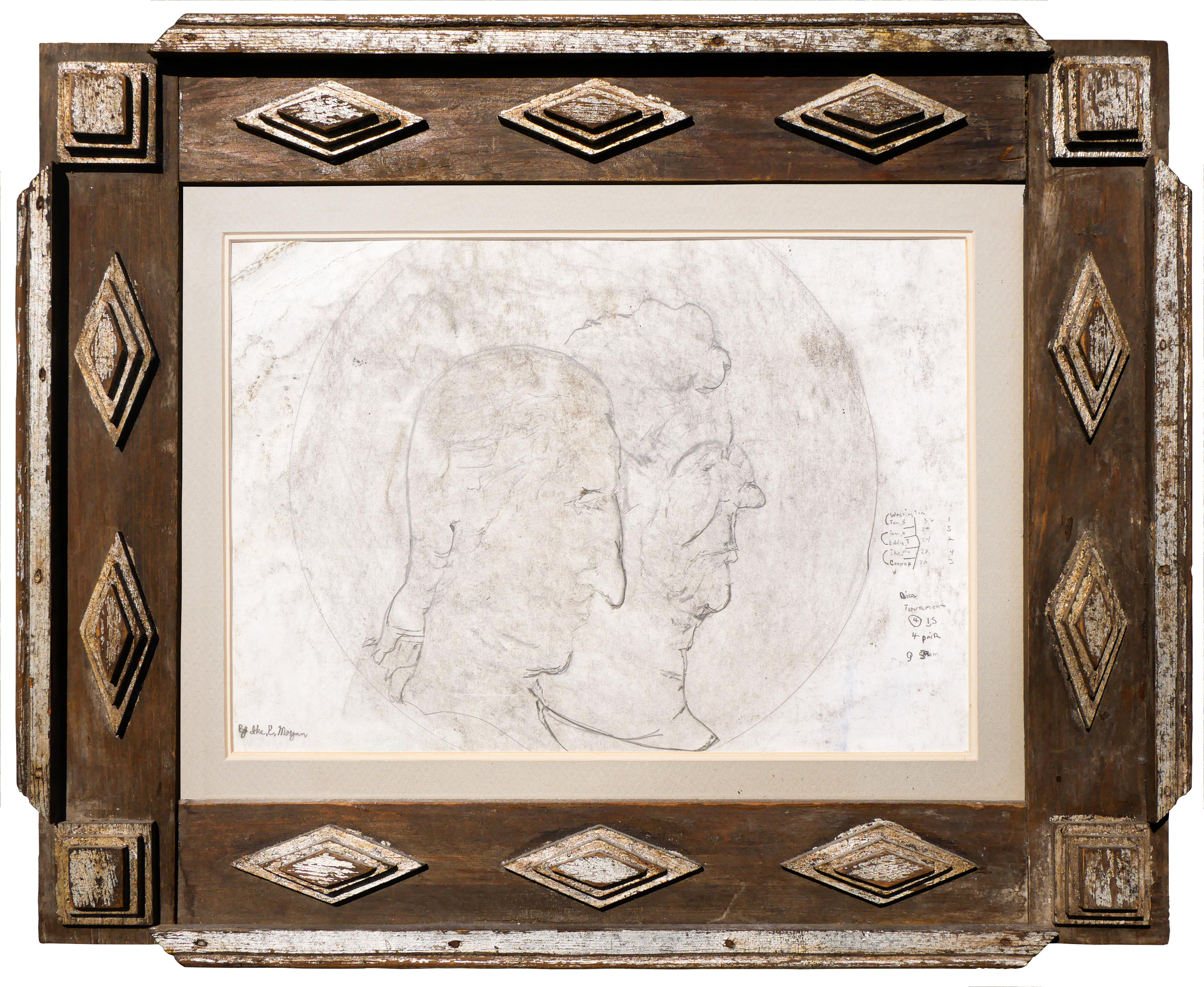 Ike E. Morgan Portrait – Abstrakte figurative Zeichnung von Männern in Schwarz-Weiß mit Textelementen