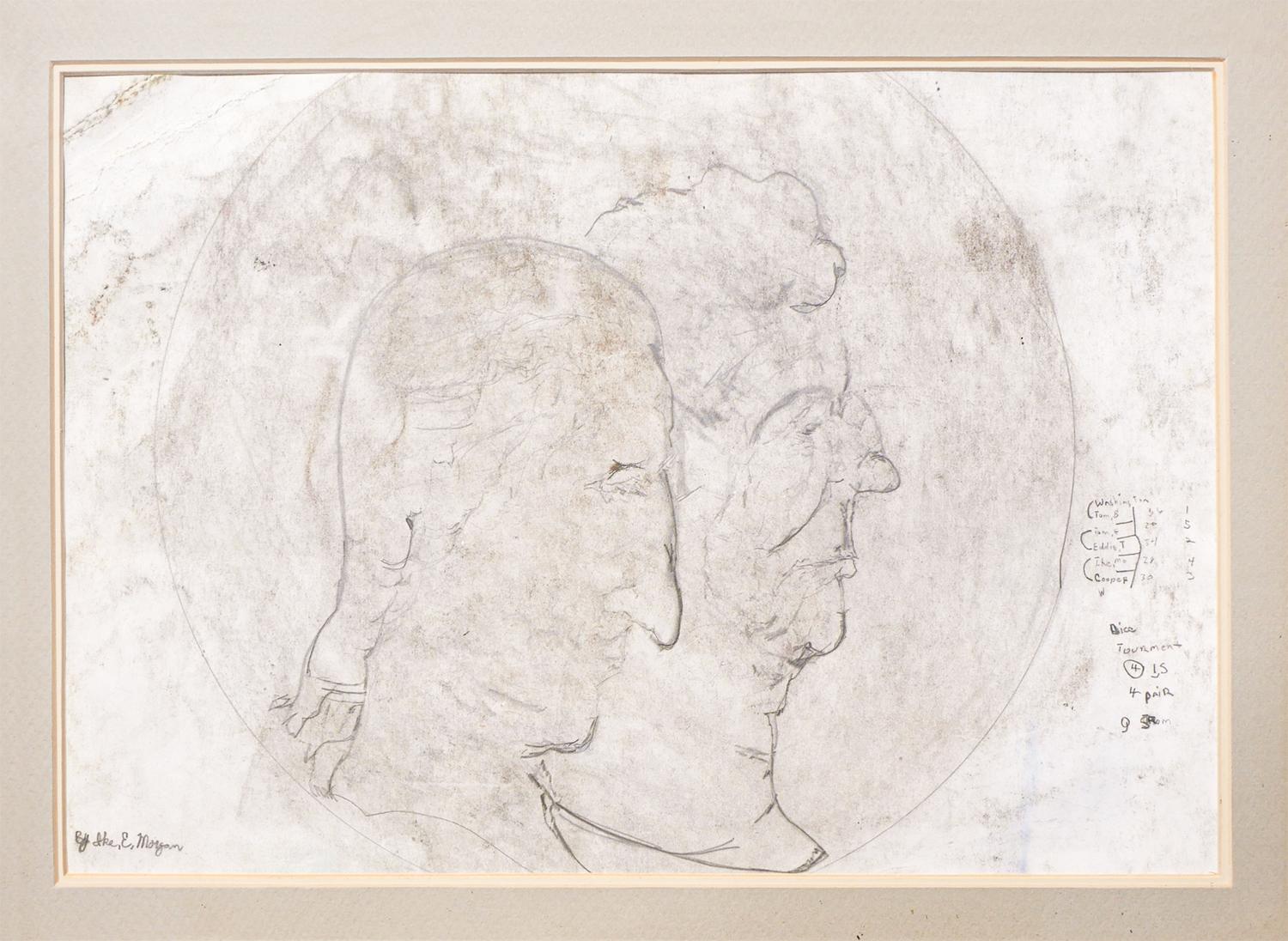 Abstrakte figurative Zeichnung von Männern in Schwarz-Weiß mit Textelementen im Angebot 3