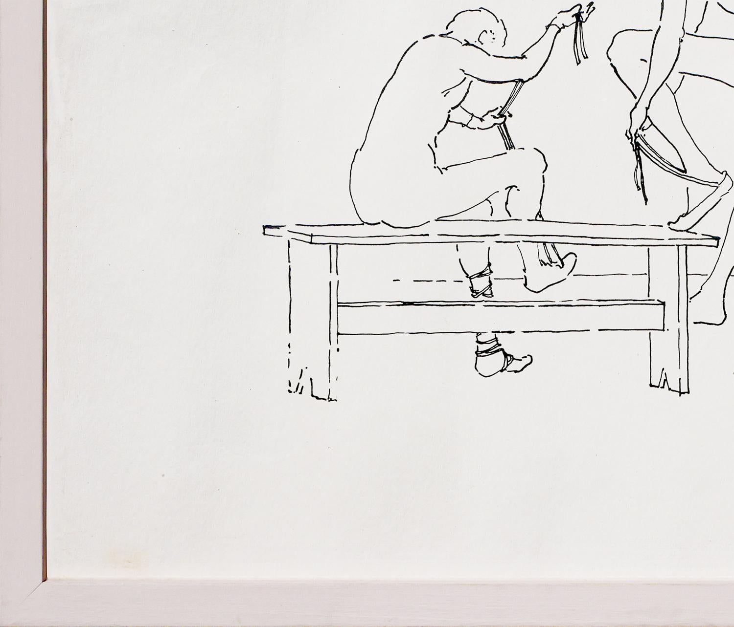 Schwarz-weiße figurative Zeichnung des texanischen Künstlers William Anzalone. Die Zeichnung stellt nackte Frauen dar, die sich verkleiden. Signiert vom Künstler unten rechts. Gerahmt in einem schönen schwarzen modernen Rahmen. 

Abmessungen ohne