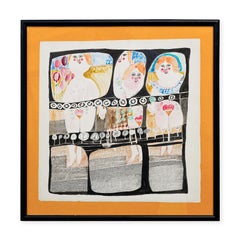 "Desnudos Femeninos" Dibujo Figurativo Moderno Abstracto Rosa, Azul, Amarillo y Negro