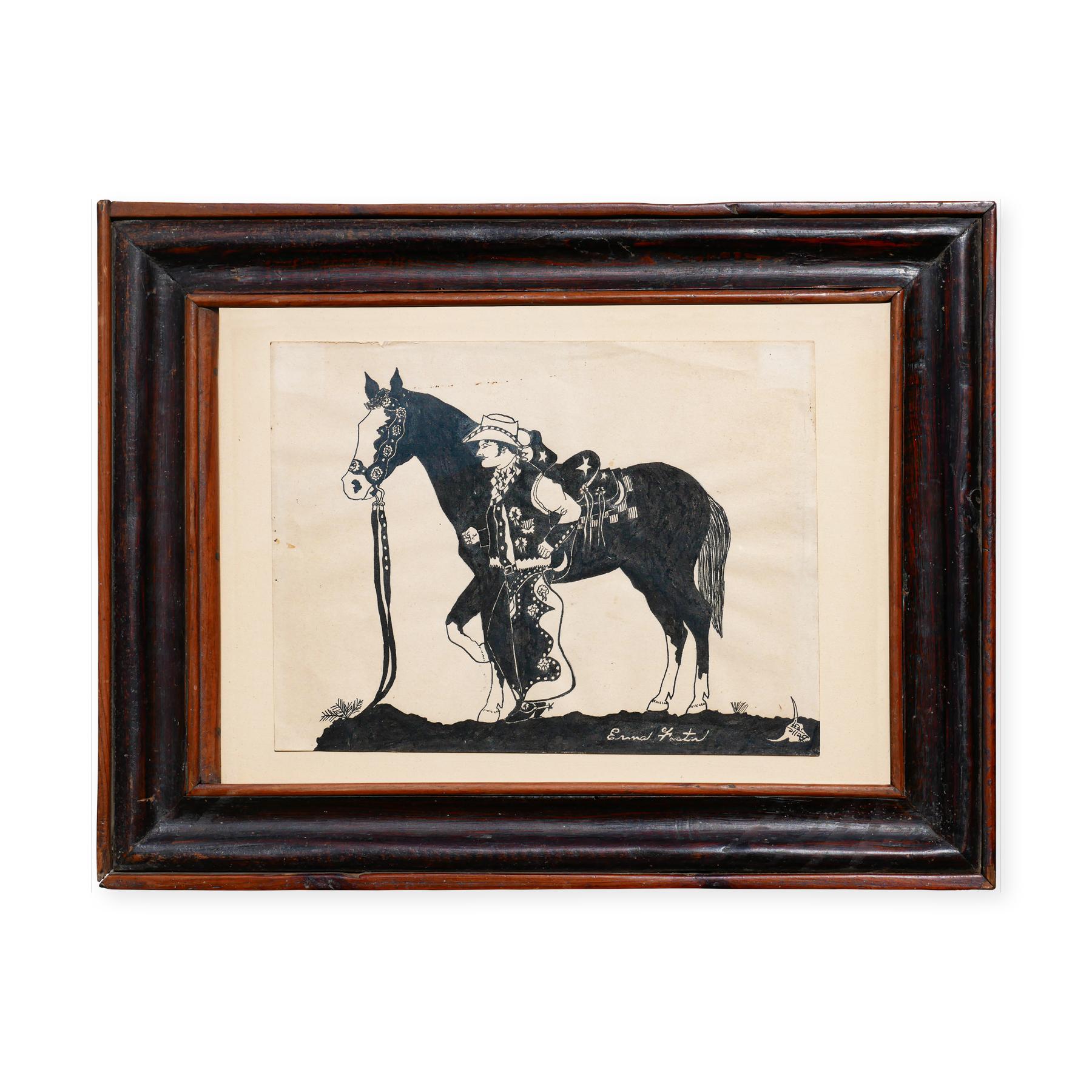 Black and White Abstract Figurative Drawing of a Cowboy with a Horse - Art by Emma Foster