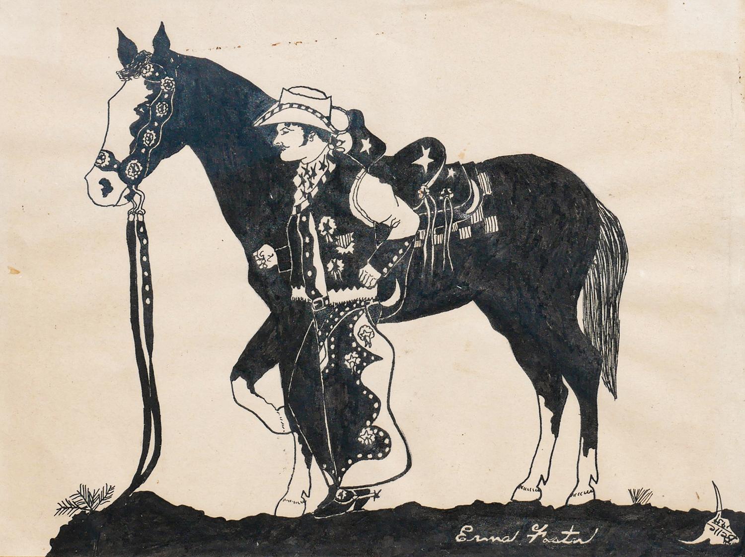 Black and White Abstract Figurative Drawing of a Cowboy with a Horse 3