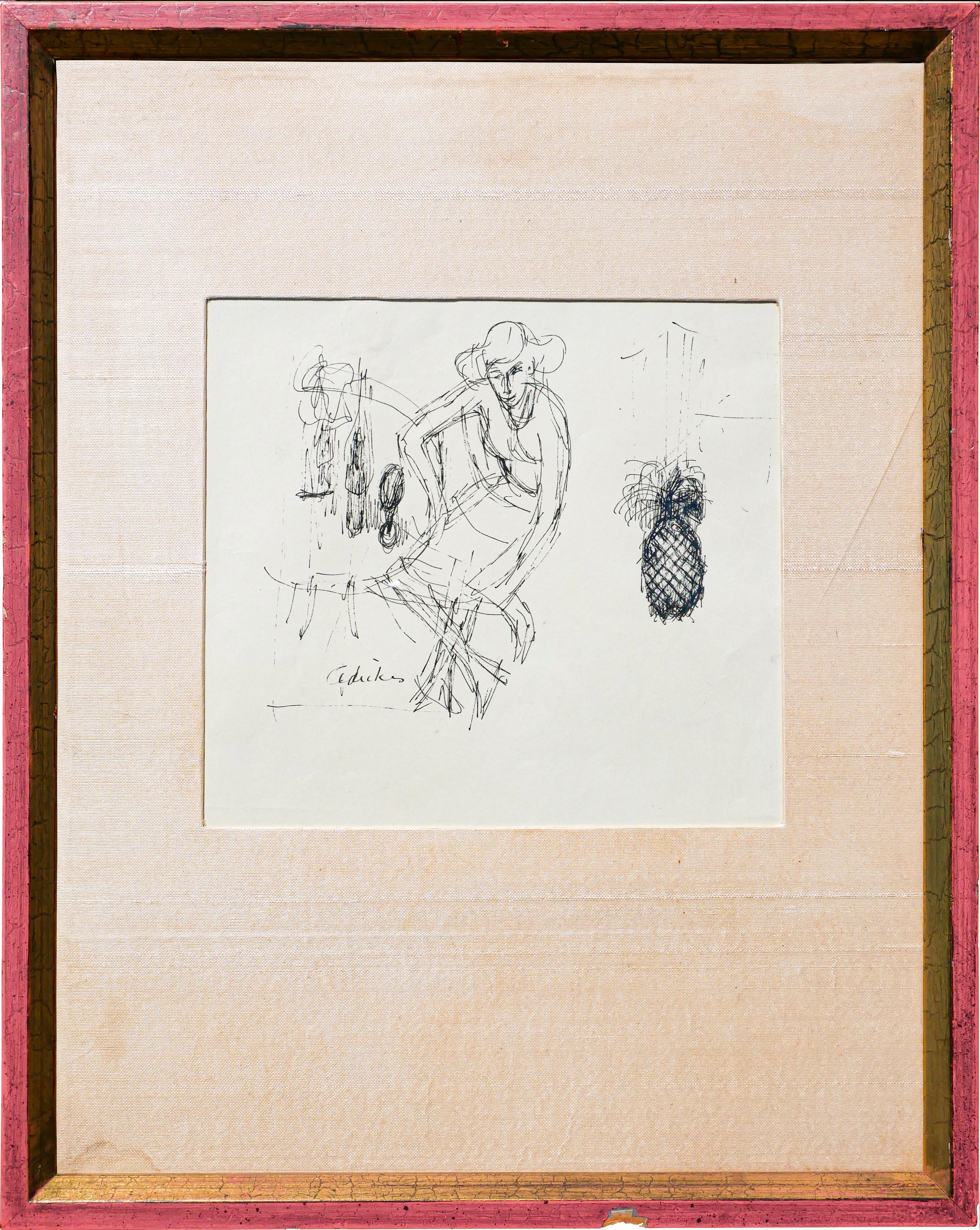 David Adickes Portrait - Abstract Figurative Drawing of a Lady and a Pineapple