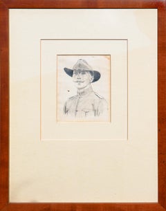 Dessin figuratif naturaliste monochrome d'un officier de calvaire moustachu