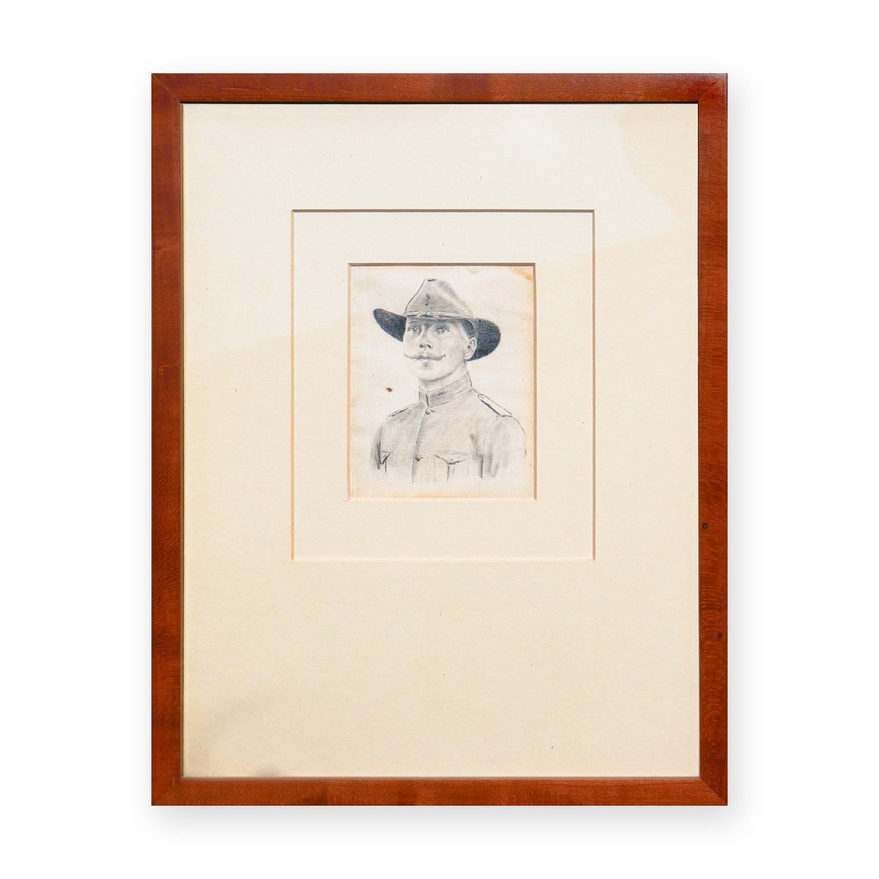 Naturalistische monochromatische figurative Zeichnung eines bärtigen Kavallerieoffiziers – Art von Unknown