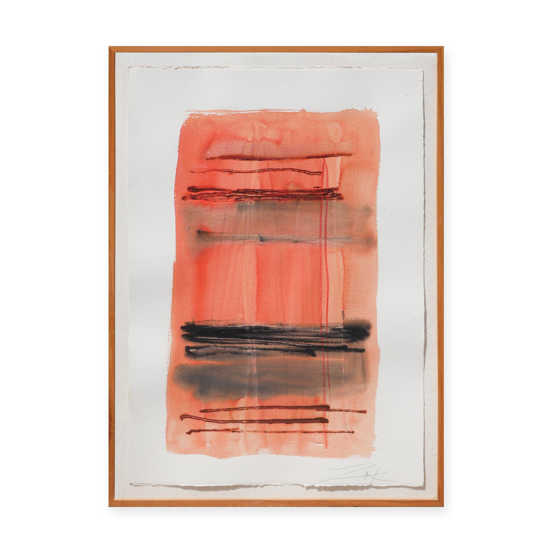 Untitled orange toned abstract watercolor painting by American painter Larry Zox. The work features a pastel orange wash of color accented with black horizontal lines. Signed in pencil in the front lower right worker. Currently hung in a light,