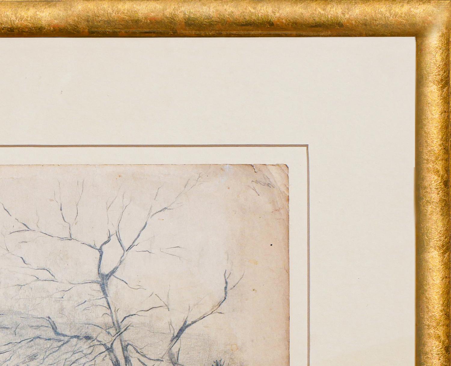 Dessin au crayon d'un paysage naturaliste monochrome du Nouveau-Mexique avec arbres - Beige Landscape Art par Madelyn Colby