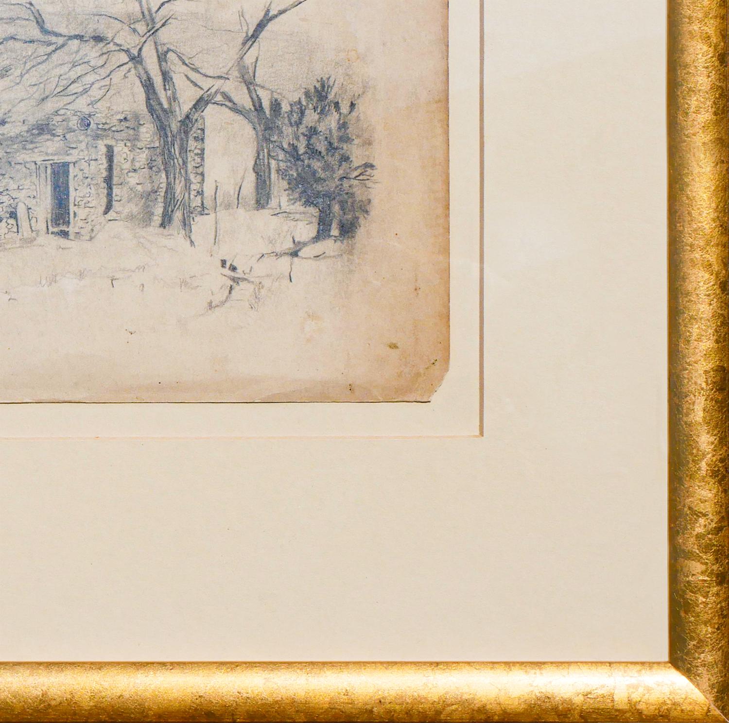 Dessin au crayon d'un paysage naturaliste monochrome du Nouveau-Mexique avec arbres en vente 1