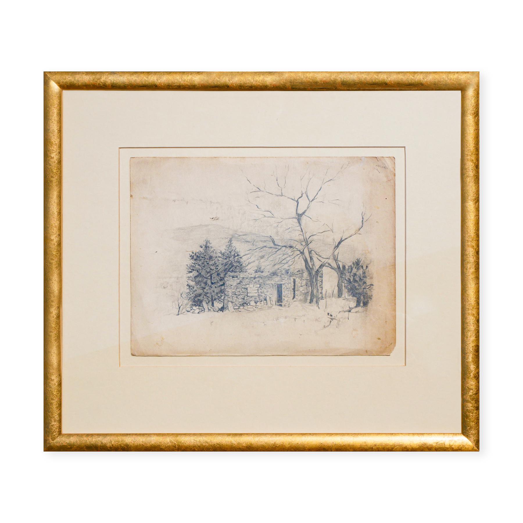 Dessin au crayon d'un paysage naturaliste monochrome du Nouveau-Mexique avec arbres - Art de Madelyn Colby