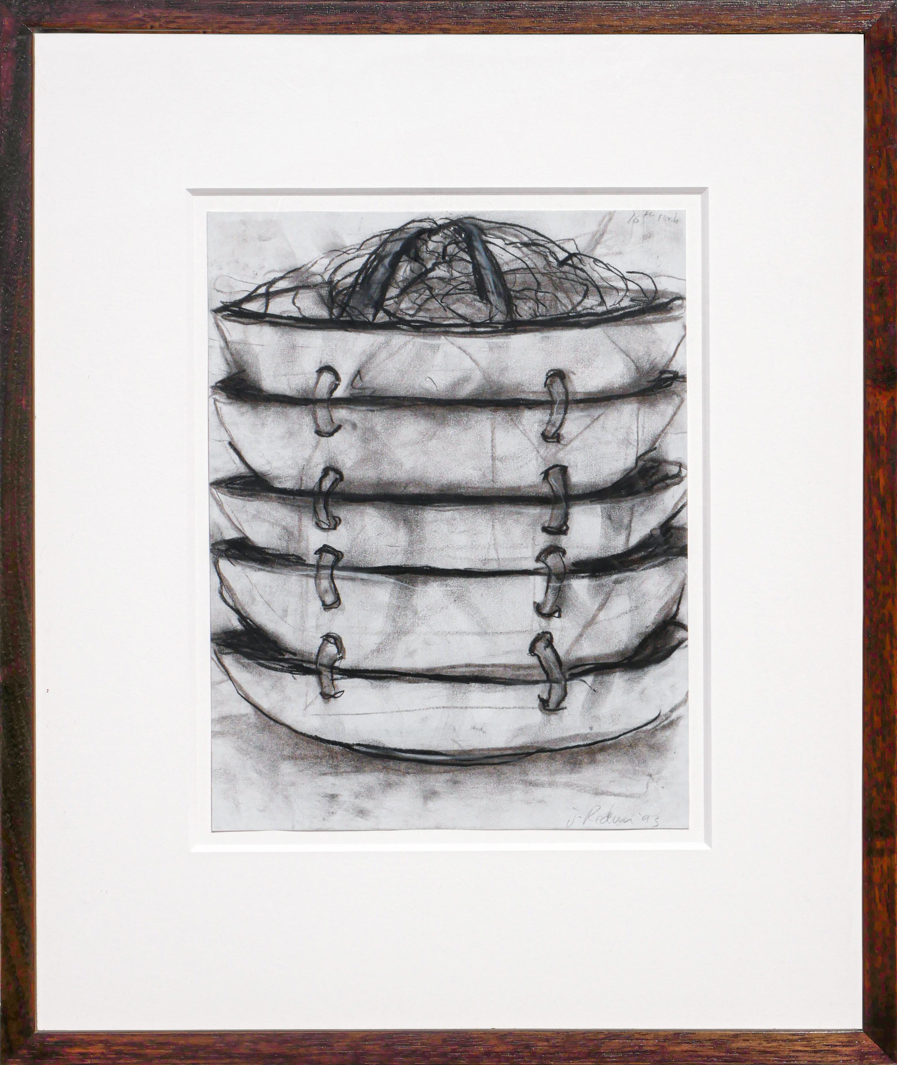 Janice Redman Abstract Drawing – Monochromatische Stillleben-Zeichnung von gestapelten Schalen 