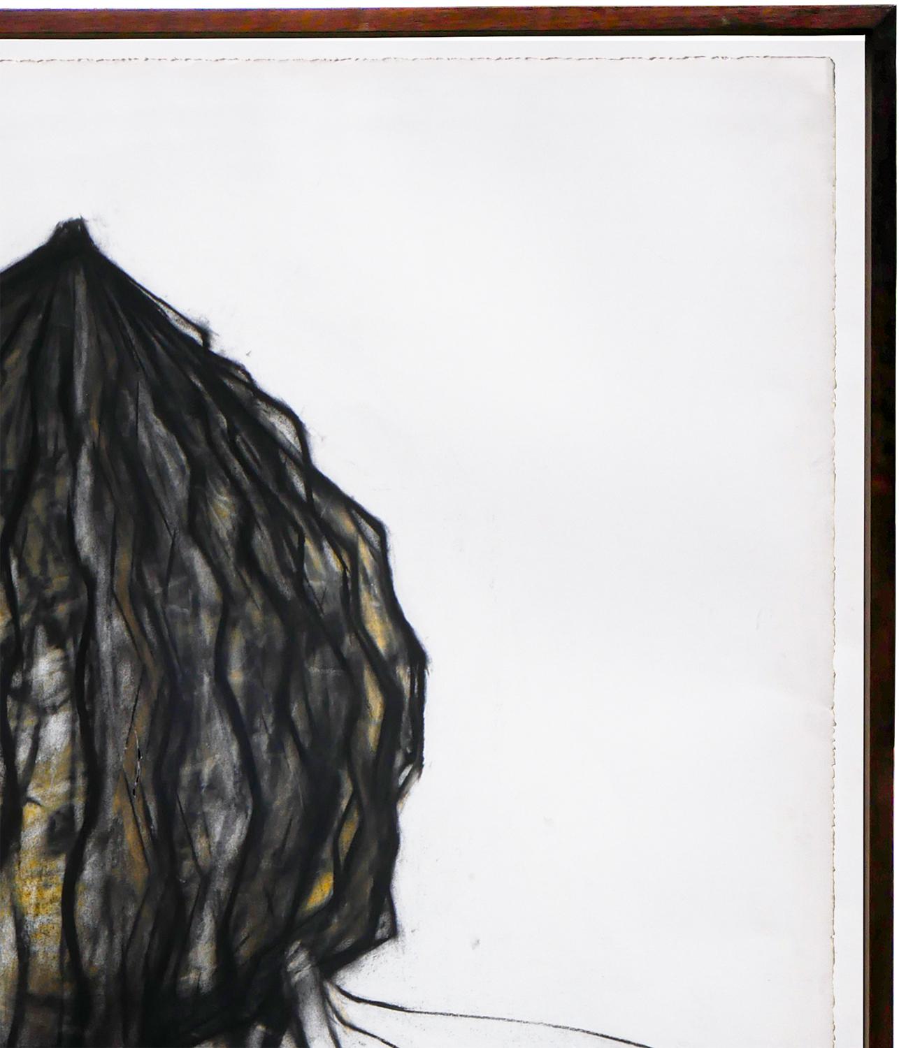 Black and yellow abstract charcoal drawing by Houston artist Paul Forsythe. The piece features an abstract, organic shape floating against a white background. Currently hung in a light wood floating frame. 

Dimensions With Frame: H 49.63 in. x W