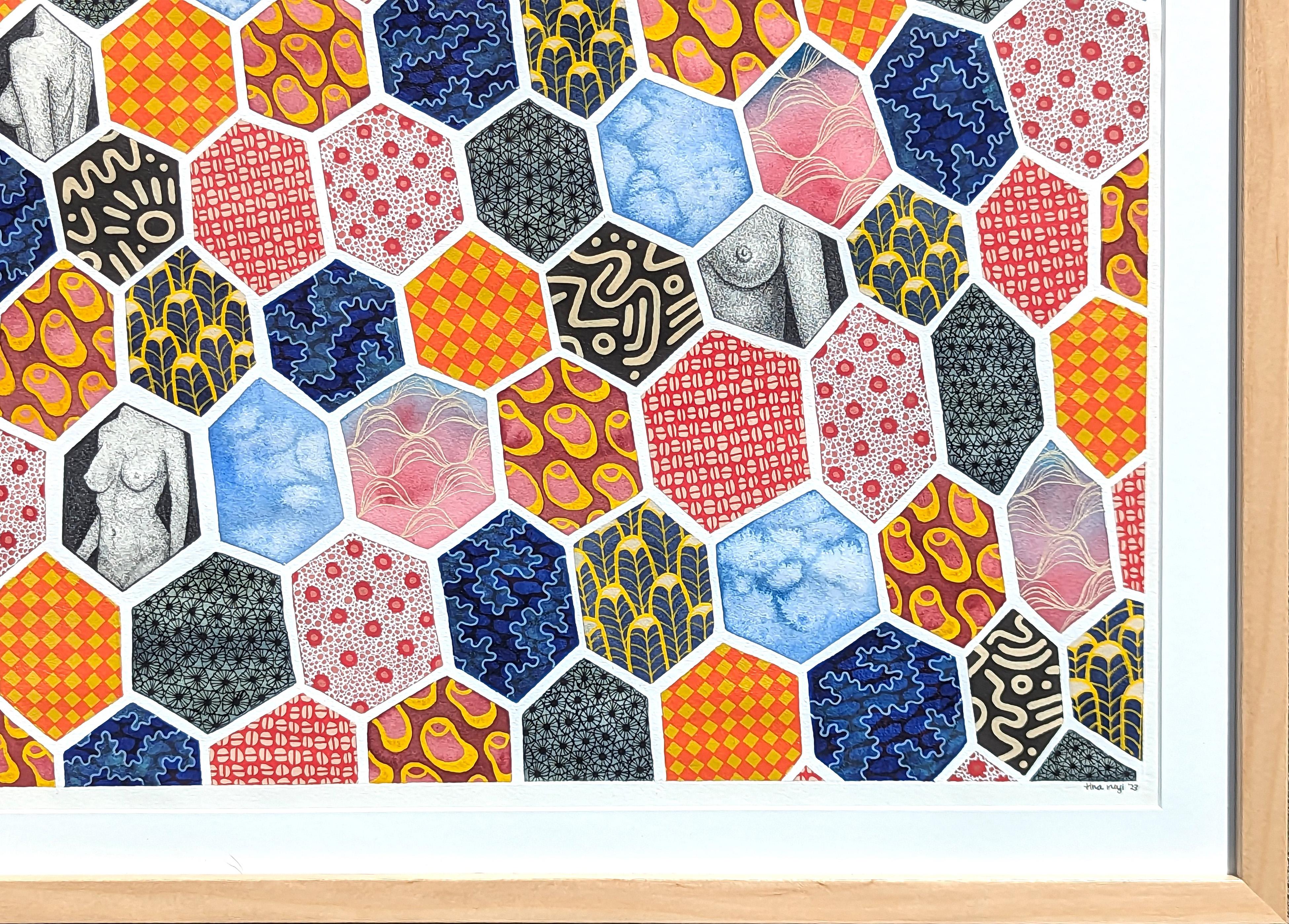 Contemporary geometric abstract watercolor painting by Texas based artist Tina Ruyi. The work features a grid of hexagonal shapes similar to a traditional quilt pattern. Each hexagon is decorated with different patterns and nude sketches of a nude