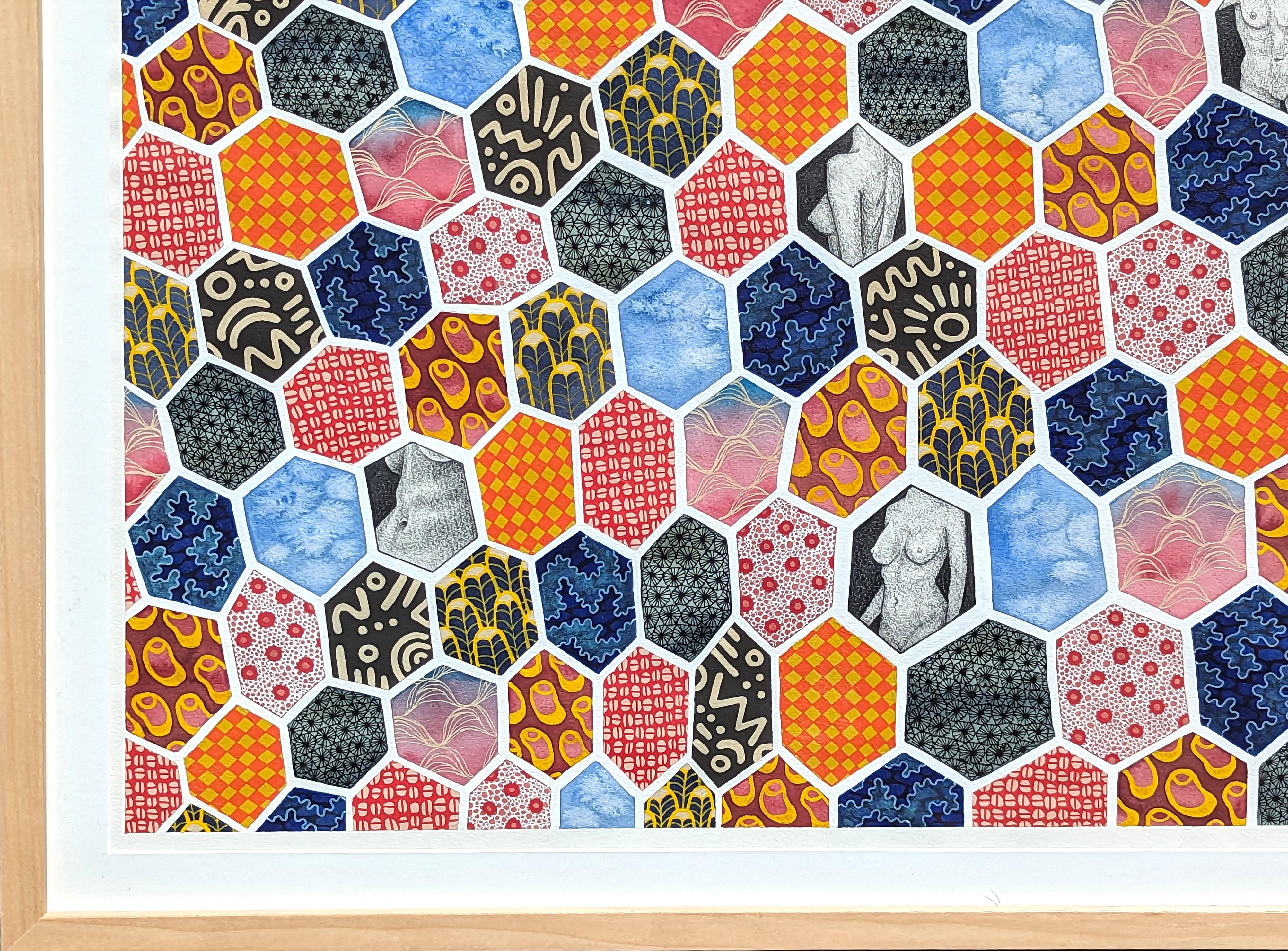 Quadro geometrico contemporaneo astratto ad acquerello dell'artista texana Tina Ruyi. L'opera è caratterizzata da una griglia di forme esagonali simili a un tradizionale motivo di trapunta. Ogni esagono è decorato con diversi motivi e schizzi di