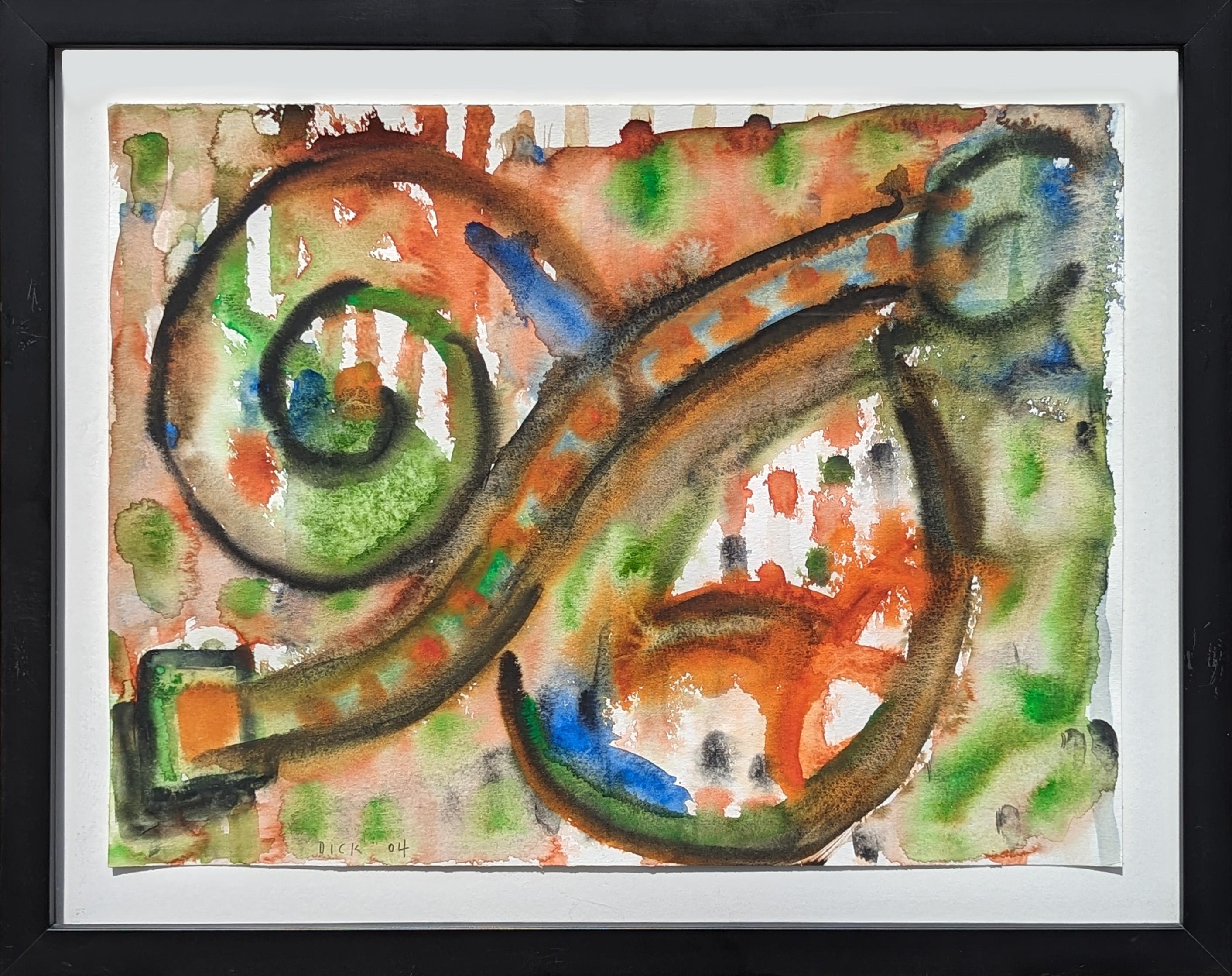 Dick Wray Still-Life – Modernes abstraktes, grünes, blaues und orangefarbenes, organisches Aquarellgemälde