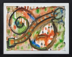 Modern Abstract Green, Blue, and Orange Toned Organic Shaped Watercolor Painting