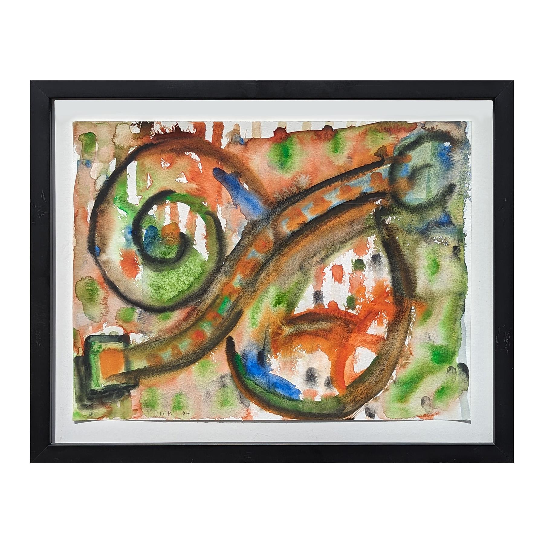 Modern Abstract Green, Blue, and Orange Toned Organic Shaped Watercolor Painting - Art by Dick Wray