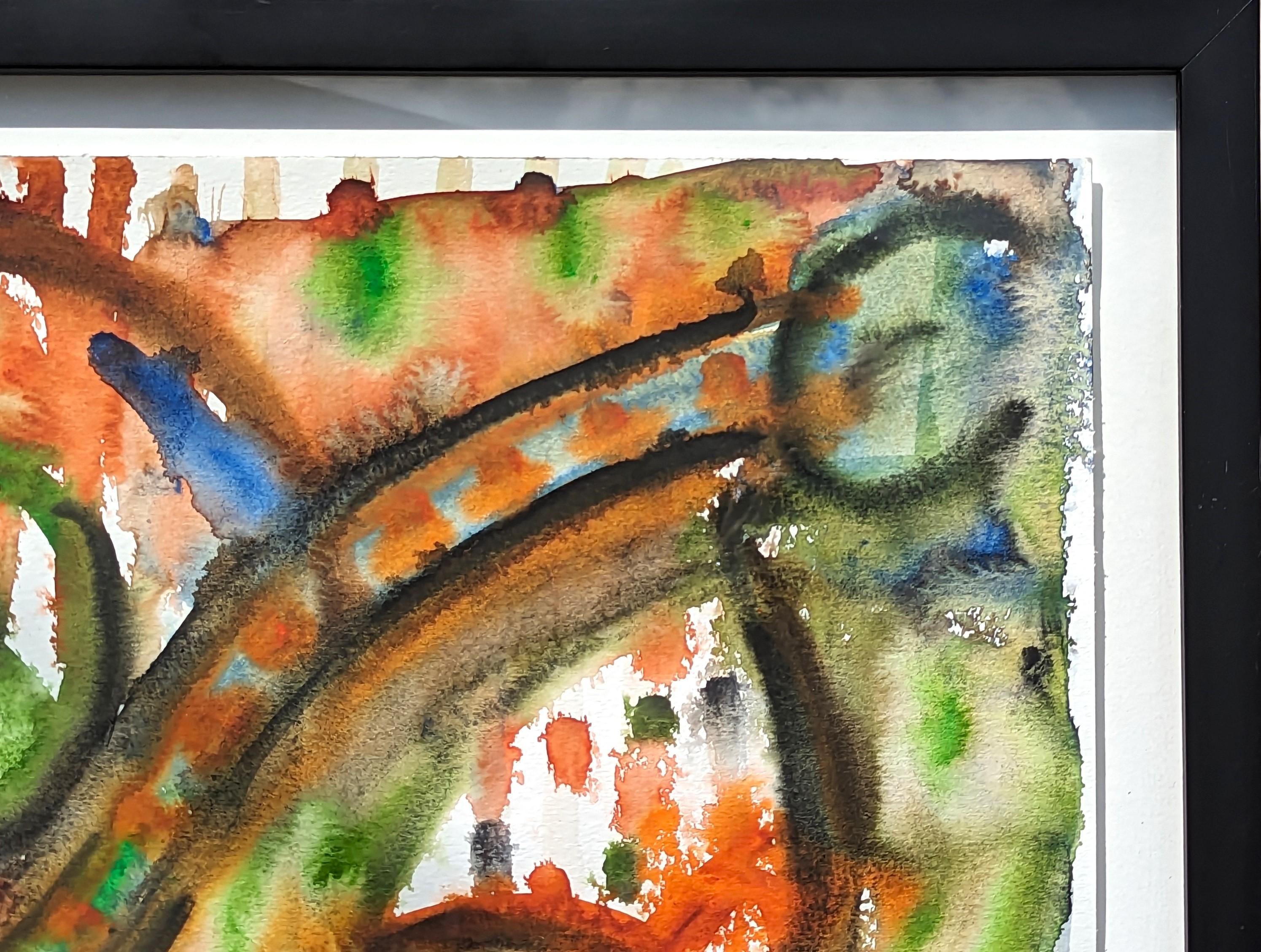 Modernes, farbenfrohes, abstraktes Aquarell des gebürtigen Houstoners Dick Wray. Das Werk zeigt geschwungene organische Formen in blauen und grünen Farbtönen vor einem orangefarbenen Hintergrund. Signiert und datiert am unteren Rand der Vorderseite.