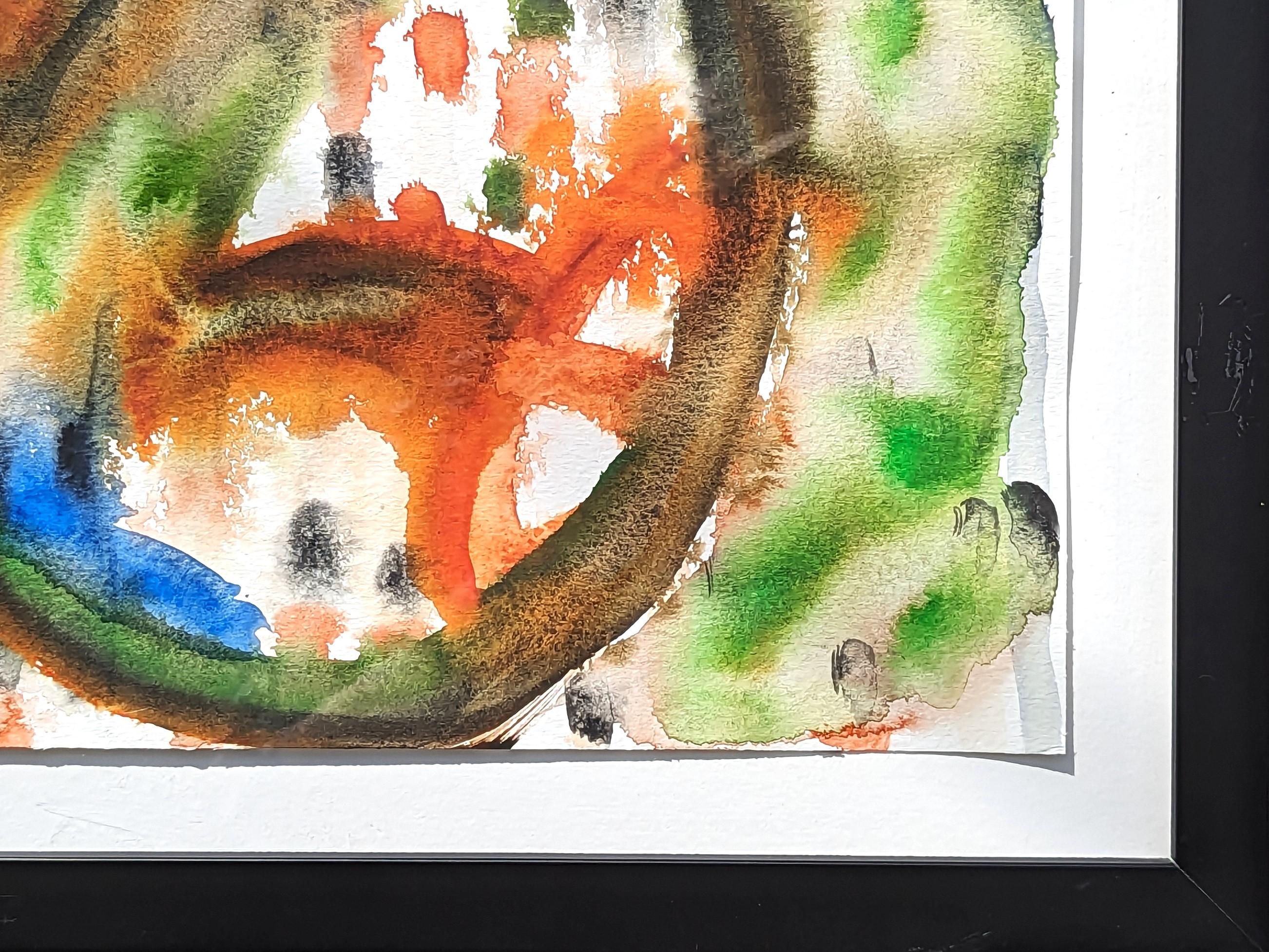 Modern Abstract Green, Blue, and Orange Toned Organic Shaped Watercolor Painting For Sale 3