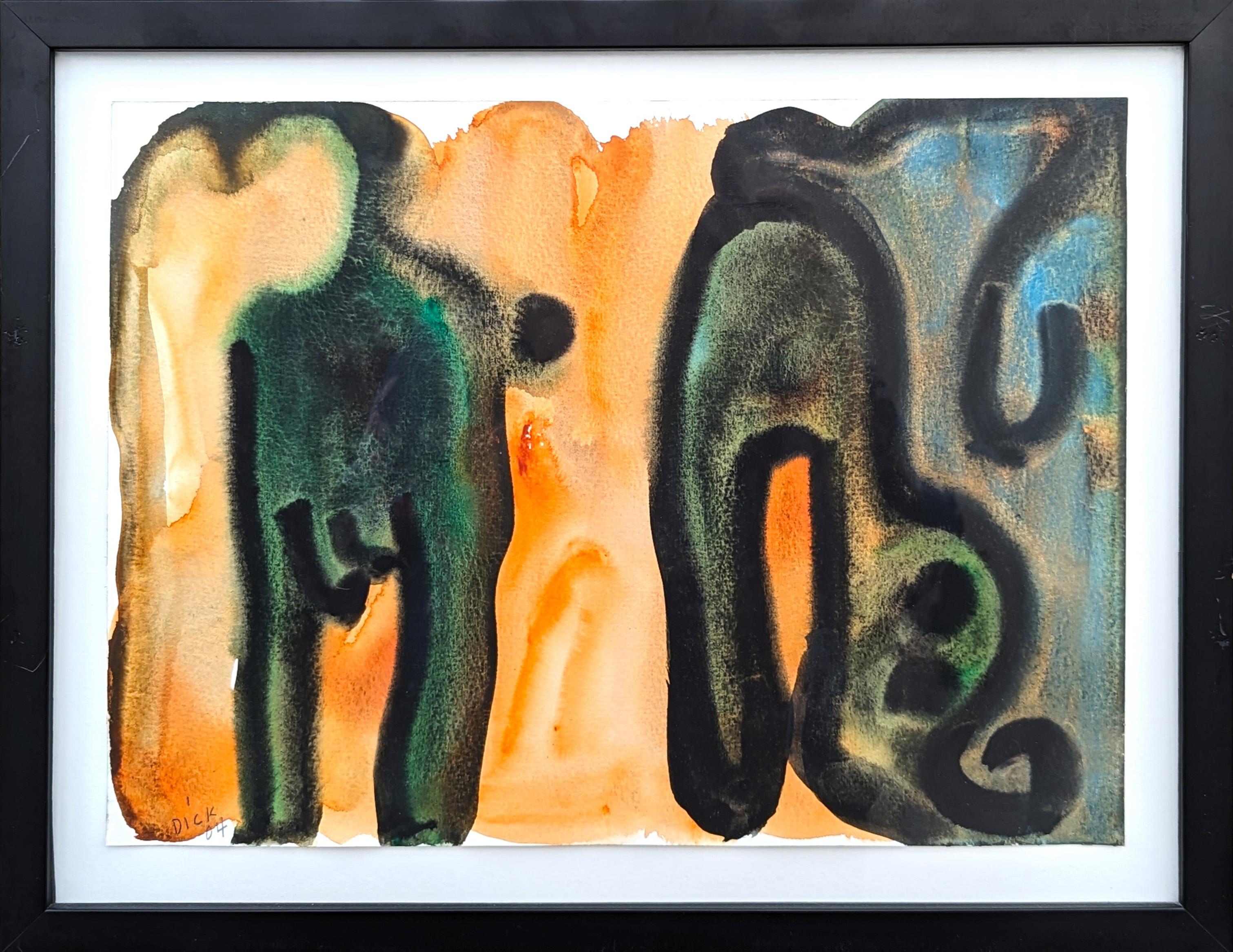 Dick Wray Abstract Drawing – Abstraktes blau-orange getöntes organisches Aquarellgemälde der Moderne