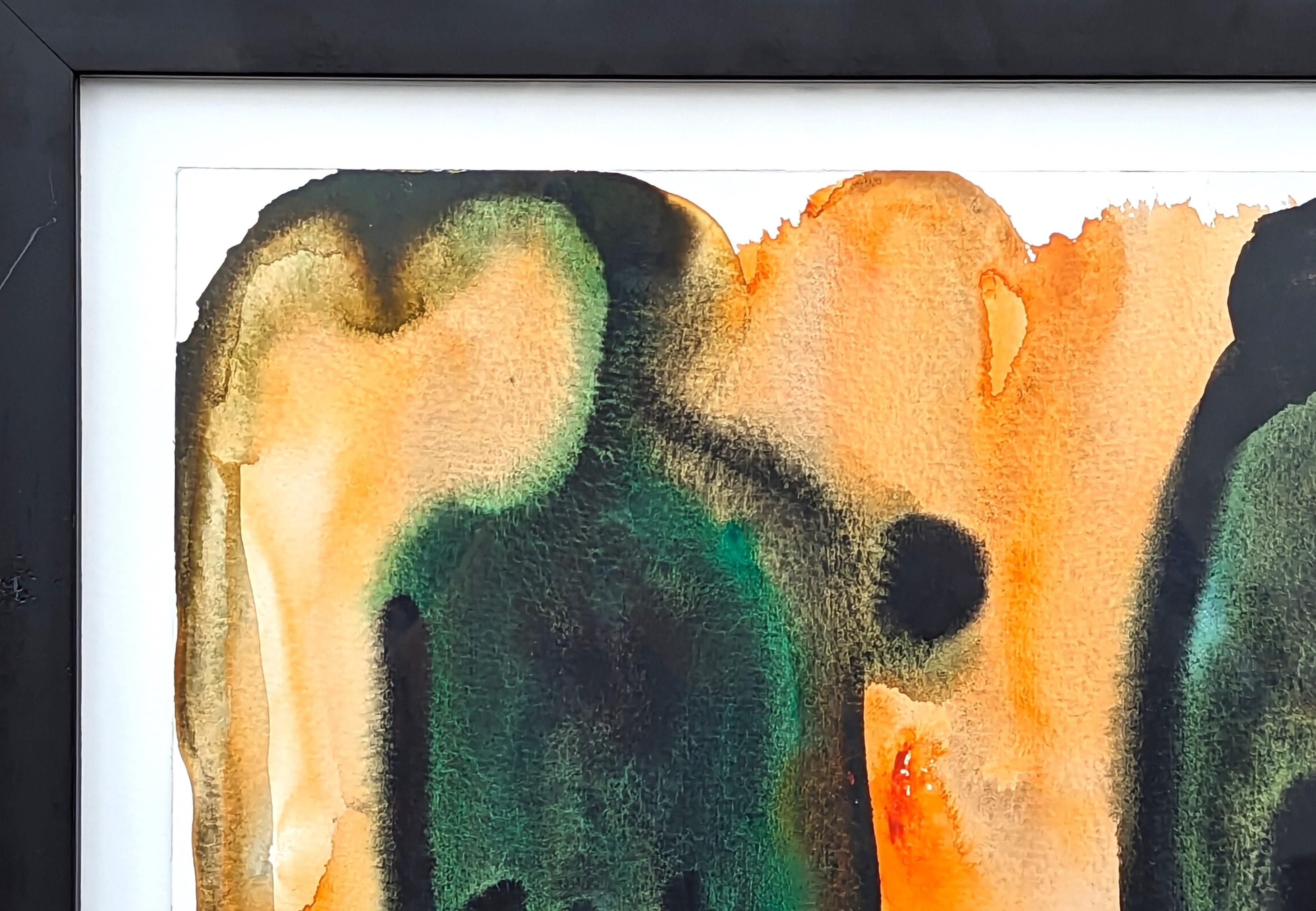 Modernes abstraktes Aquarell in Blau- und Orangetönen des gebürtigen Houstoners Dick Wray. Das Werk zeigt blau getönte, geschwungene organische Formen vor einem orangefarbenen Hintergrund. Signiert und datiert am unteren Rand der Vorderseite.