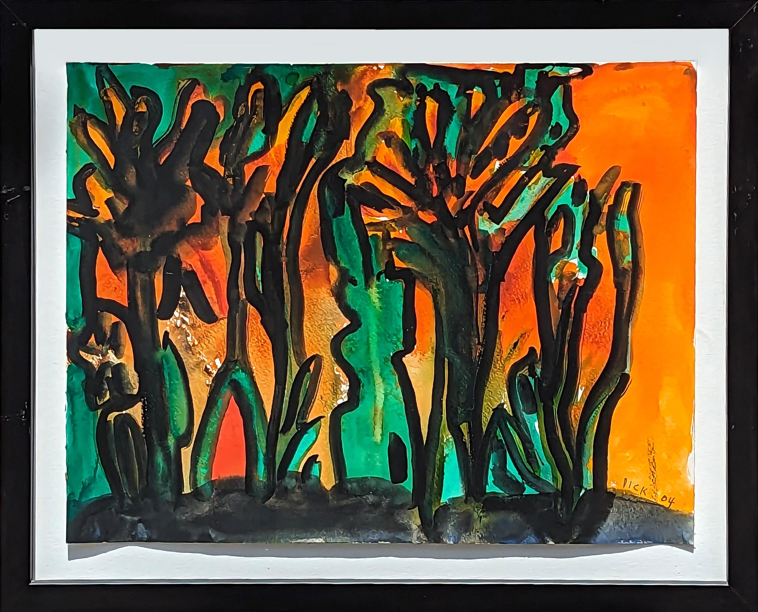 Dick Wray Still-Life – Abstraktes orange-grünes organisches Aquarellgemälde der Moderne