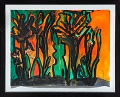 Aquarelle moderne abstraite de forme organique orange et verte