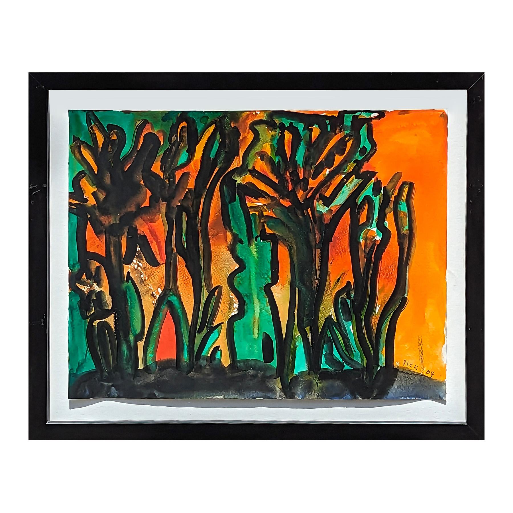 Modern Abstract Orange & Green Organic Shaped Watercolor Painting - Art by Dick Wray