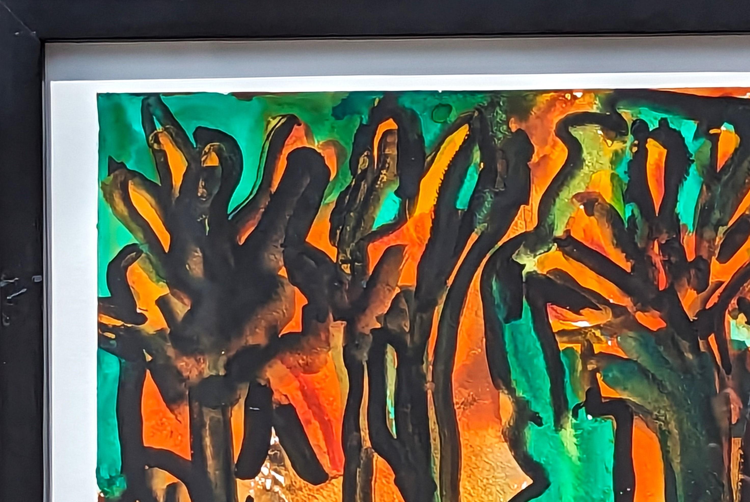 Modernes abstraktes Aquarell in Orange- und Grüntönen von Dick Wray, einem gebürtigen Houstoner. Das Werk zeigt geschwungene organische Formen in Grüntönen vor einem orangefarbenen Hintergrund. Signiert und datiert am unteren Rand der Vorderseite.