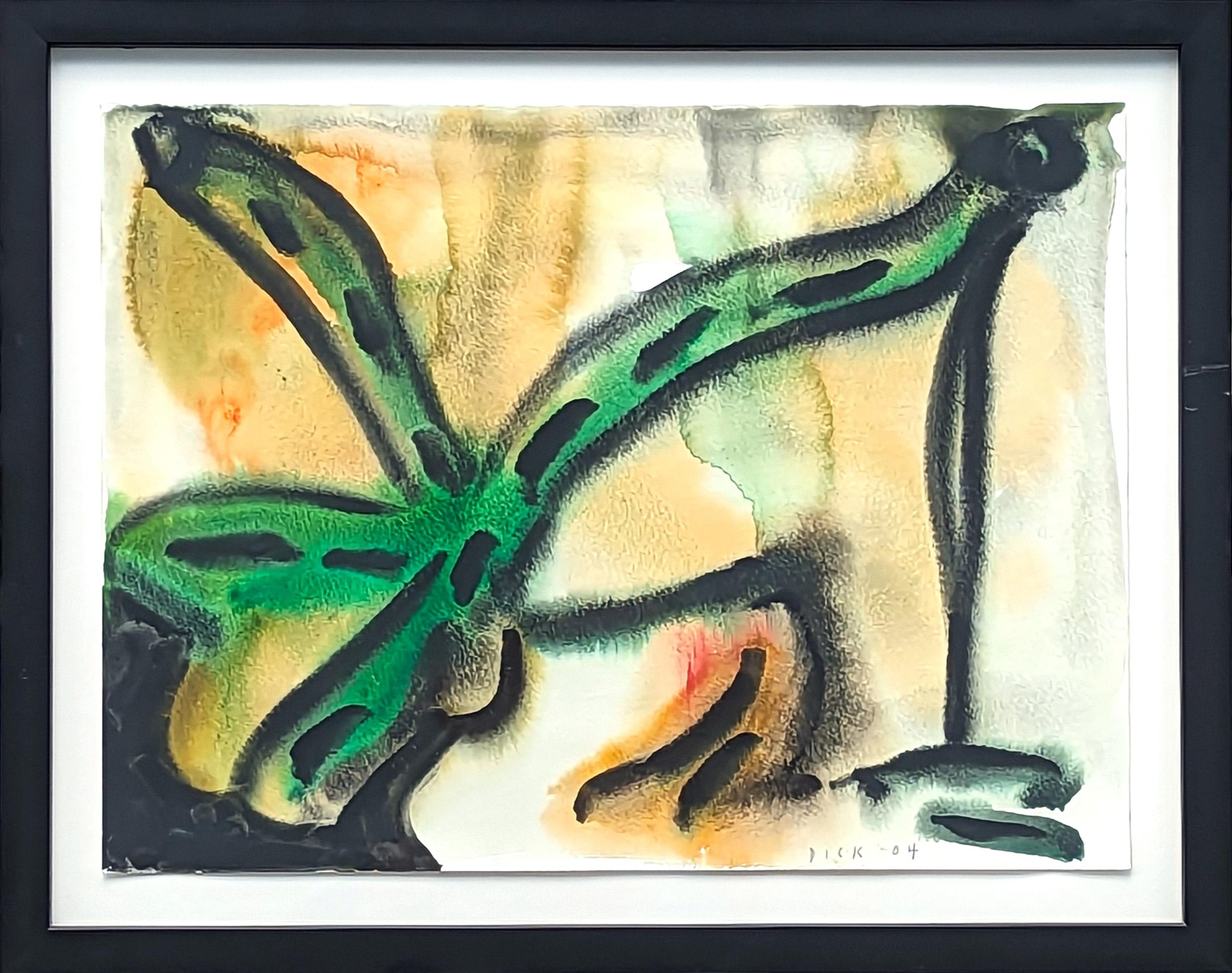 Dick Wray Still-Life - Modern Abstract Green & Tan Toned Organic Leaf Shaped Watercolor Painting