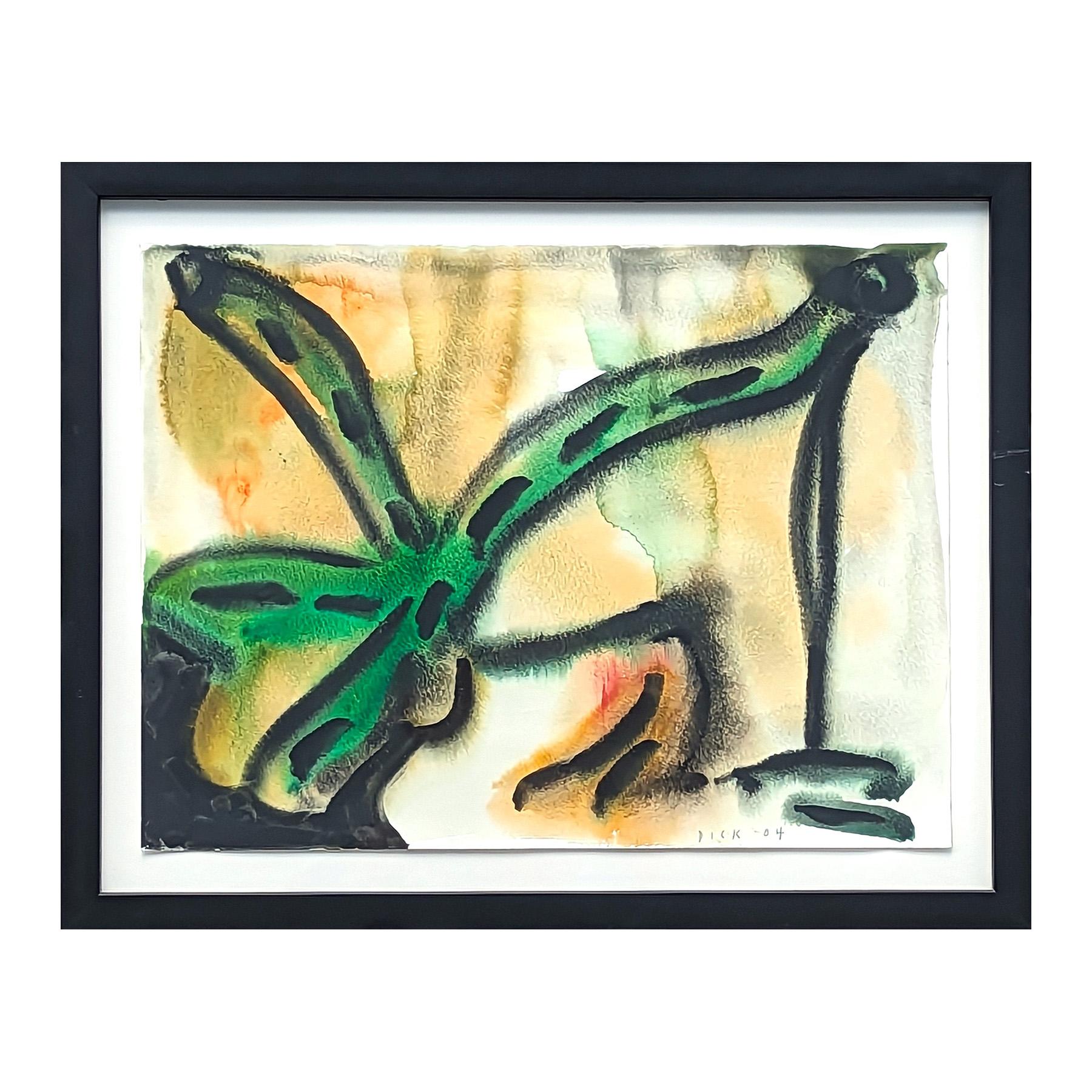 Modern Abstract Green & Tan Toned Organic Leaf Shaped Watercolor Painting - Art by Dick Wray