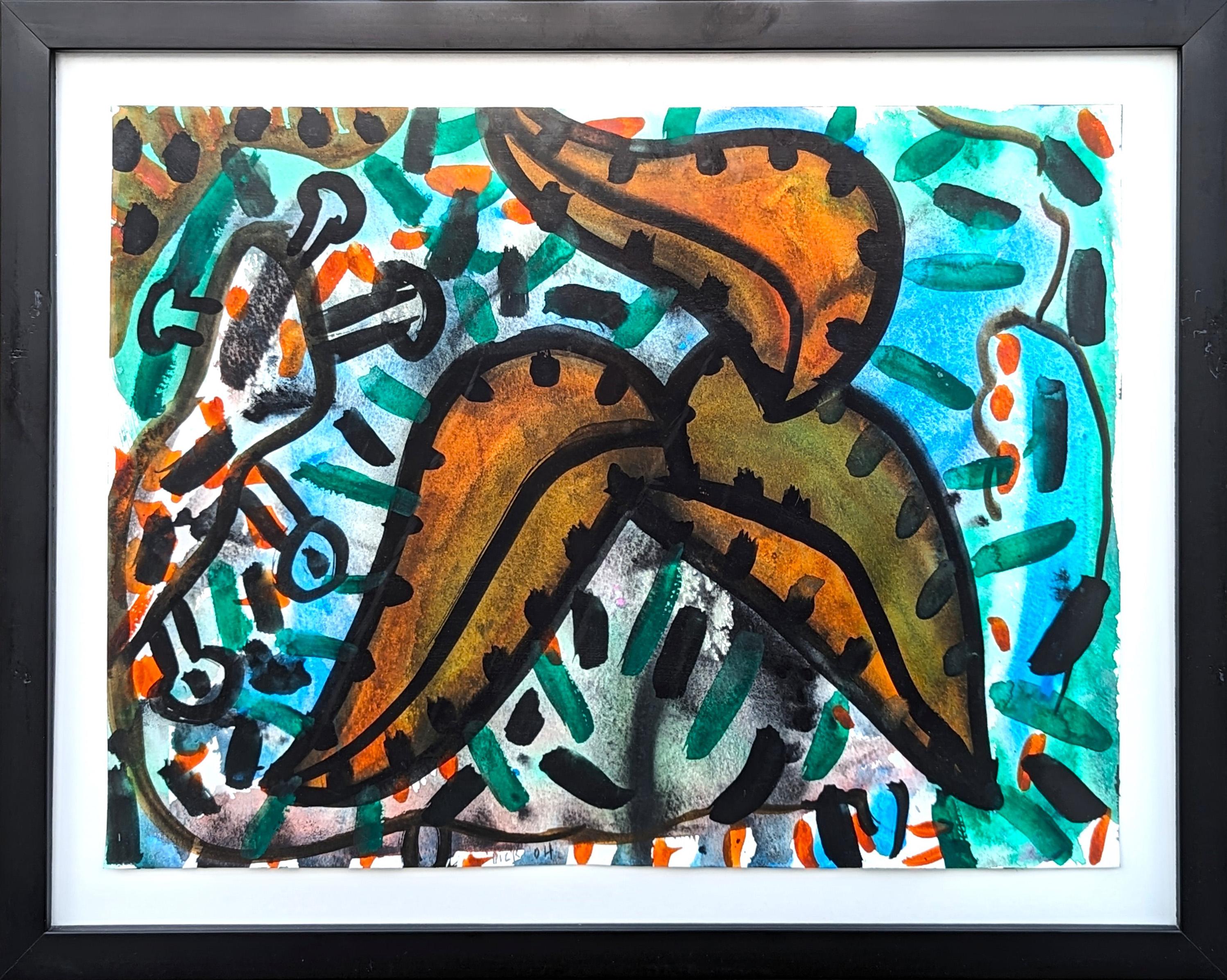 Dick Wray Abstract Drawing – Modernes abstraktes blau-orange getöntes Aquarellgemälde mit organischen Blättern