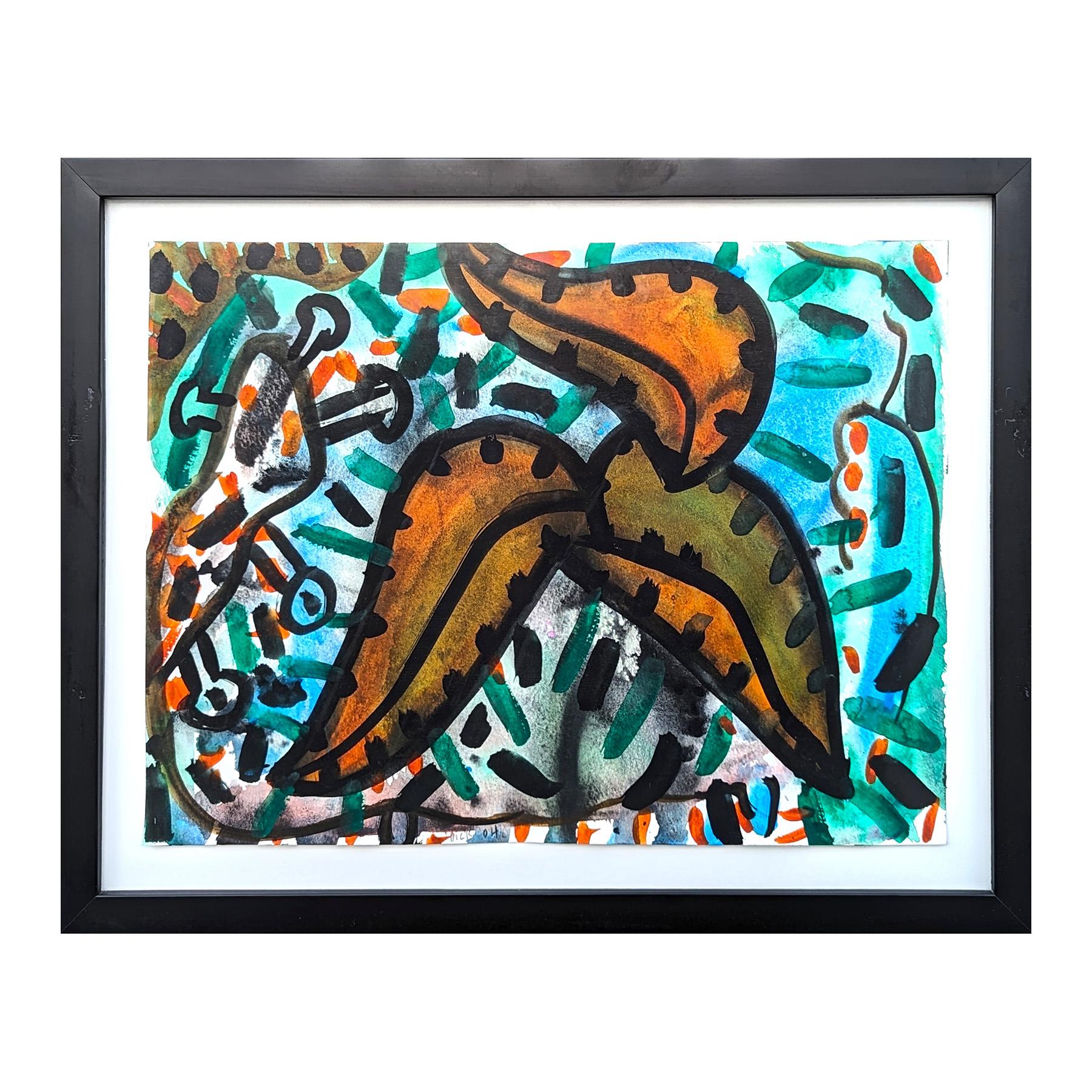 Modern Abstract Blue & Orange Toned Organic Leaves Watercolor Painting - Art by Dick Wray