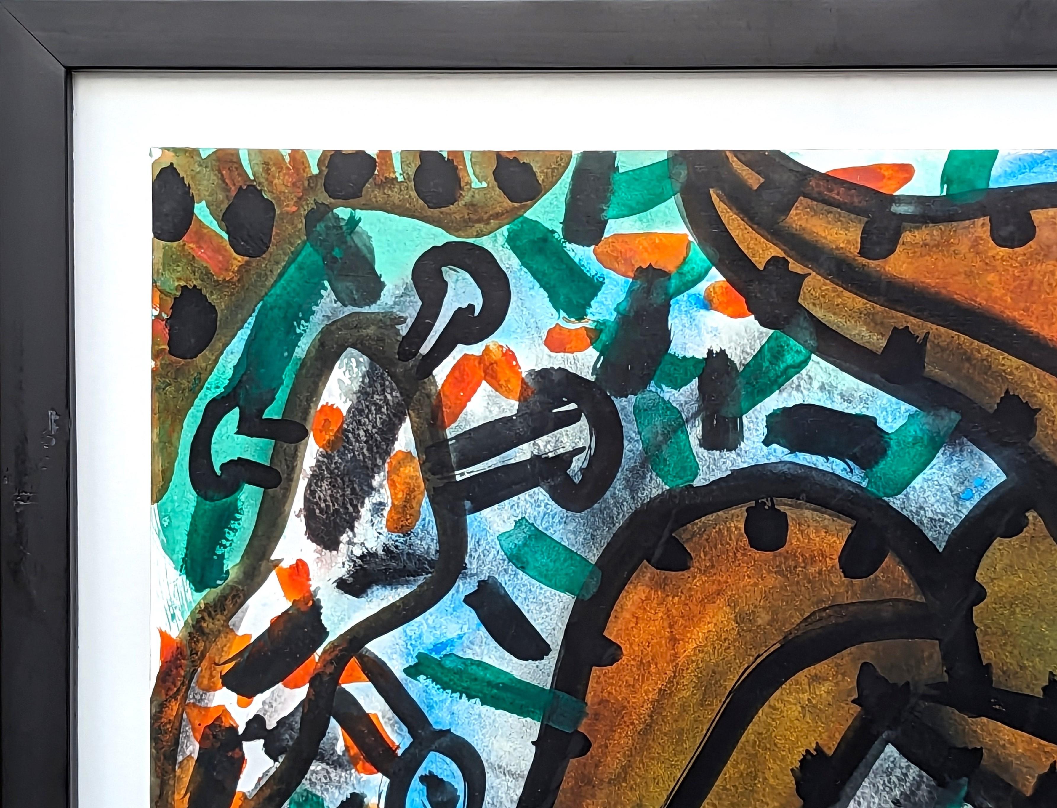 Modern abstract blue and orange toned abstract watercolor painting by native Houstonian, Dick Wray. The work features orange toned curving organic leaf shapes set against a blue toned background. Signed and dated along front lower margin. Currently