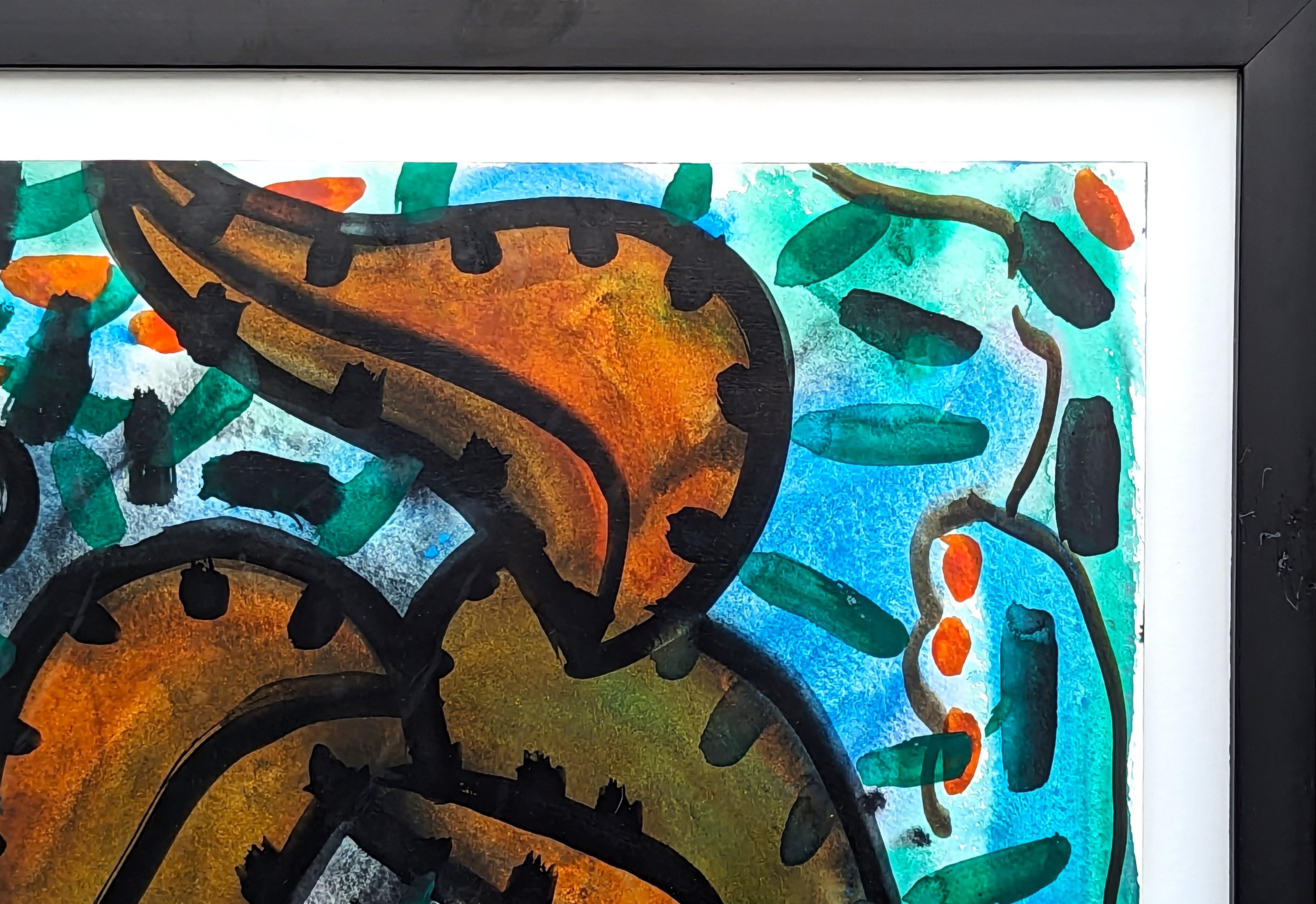Modernes abstraktes Aquarell in Blau- und Orangetönen des gebürtigen Houstoners Dick Wray. Das Werk zeigt orangefarbene, geschwungene organische Blattformen vor einem blauen Hintergrund. Signiert und datiert am unteren Rand der Vorderseite. Derzeit