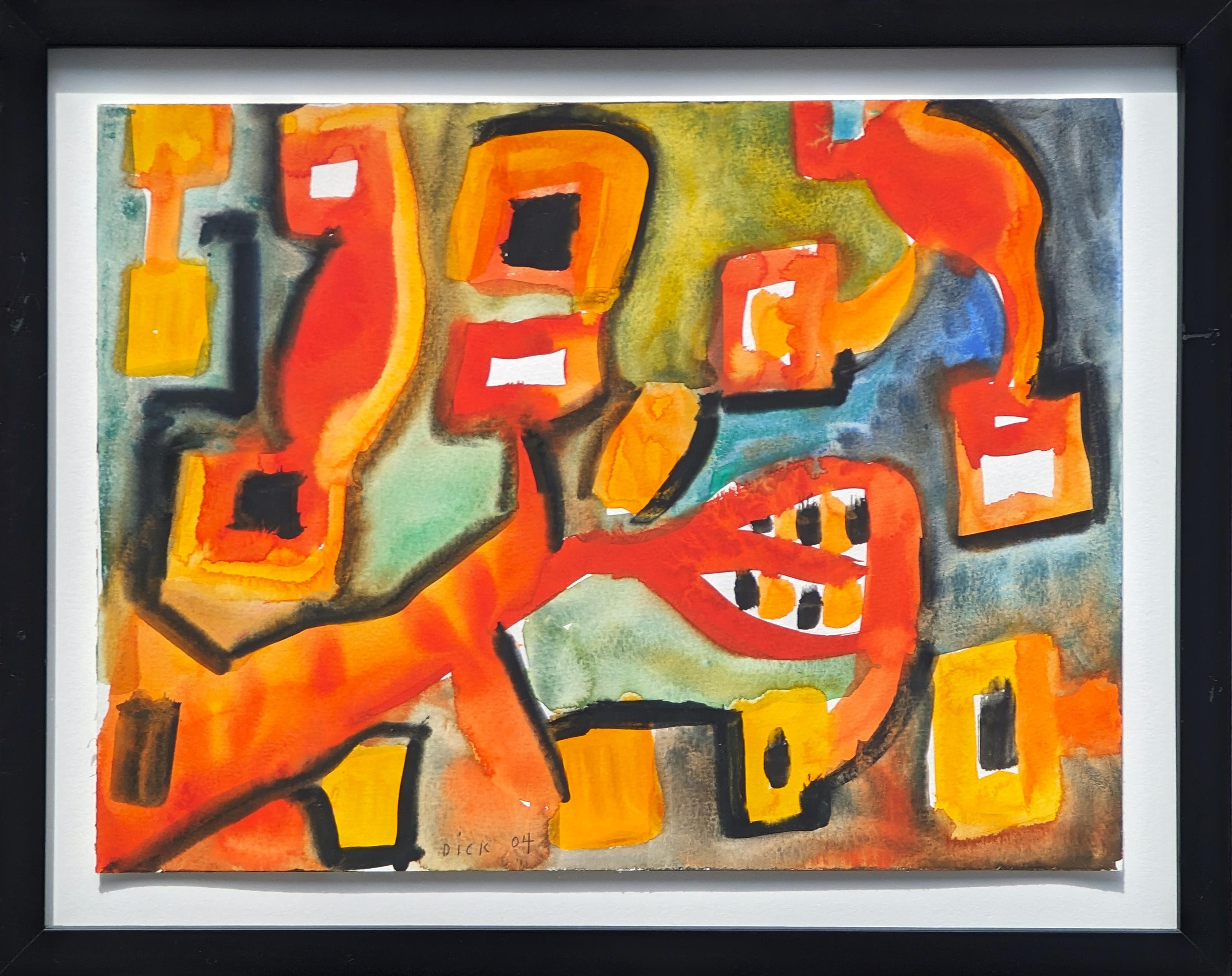 Dick Wray Still-Life – Moderne abstrakte Orange & Gelb getönten organischen geformt Aquarellmalerei