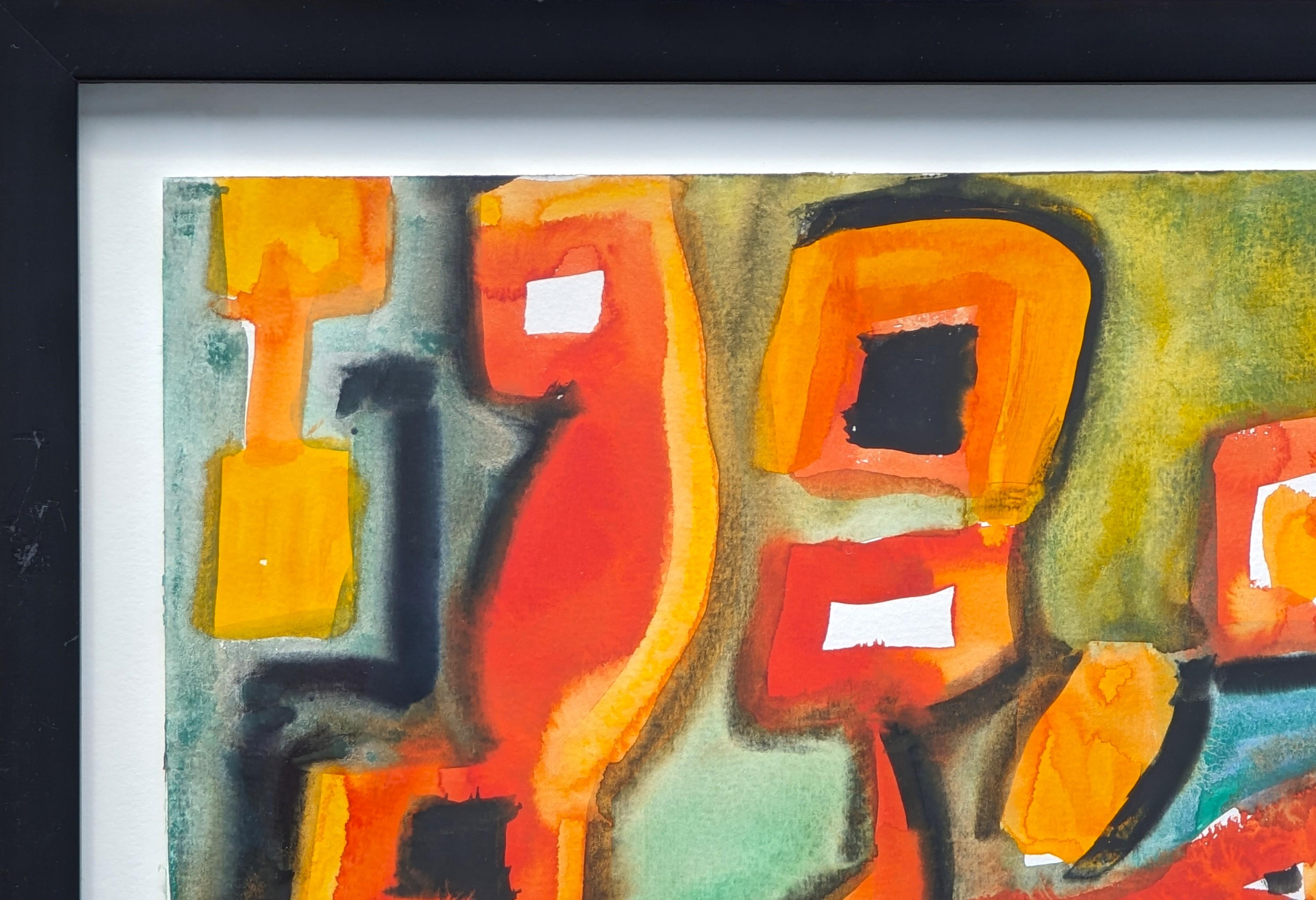 Modern abstract orange and yellow toned abstract watercolor painting by native Houstonian, Dick Wray. The work features warm toned curving organic shapes set against a green and blue toned background. Signed and dated along front lower margin.