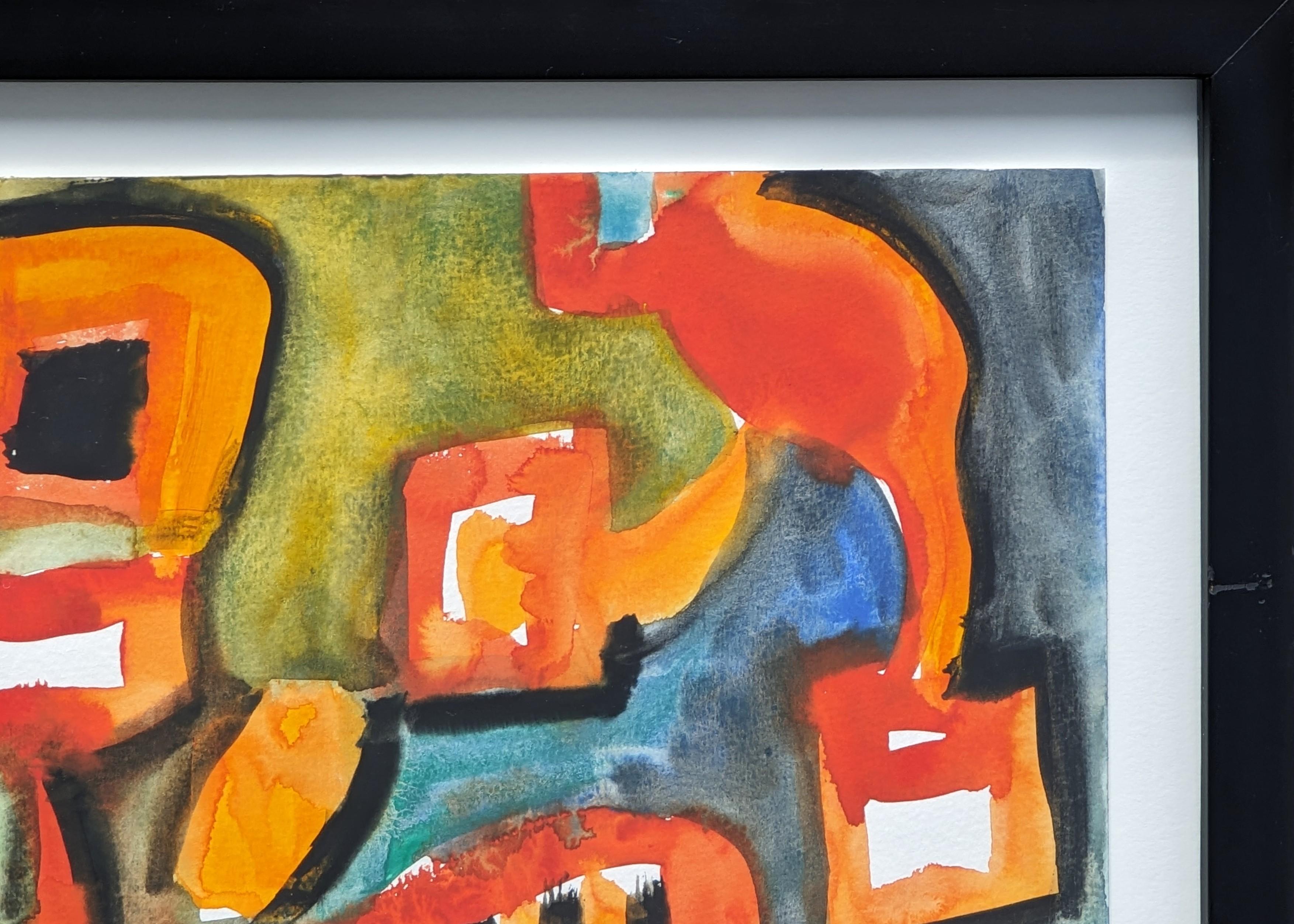 Modernes abstraktes Aquarell in Orange und Gelbtönen von Dick Wray aus Houston. Das Werk zeigt geschwungene organische Formen in warmen Farbtönen vor einem grün und blau getönten Hintergrund. Signiert und datiert am unteren Rand der Vorderseite.