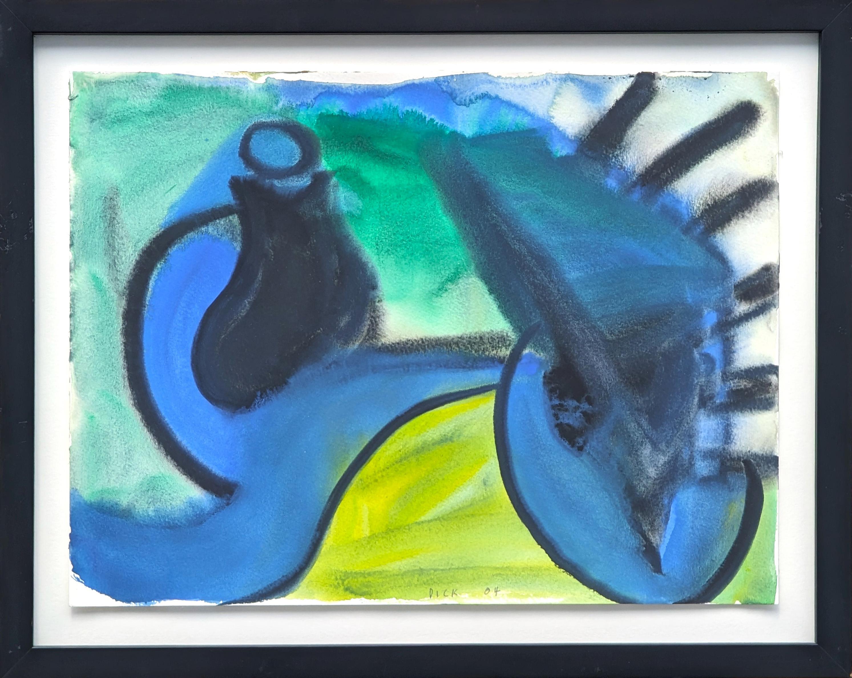 Dick Wray Abstract Drawing - Modern Abstract Blue and Green Toned Organic Shaped Watercolor Painting