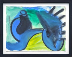 Modern Abstract Blue and Green Toned Organic Shaped Watercolor Painting