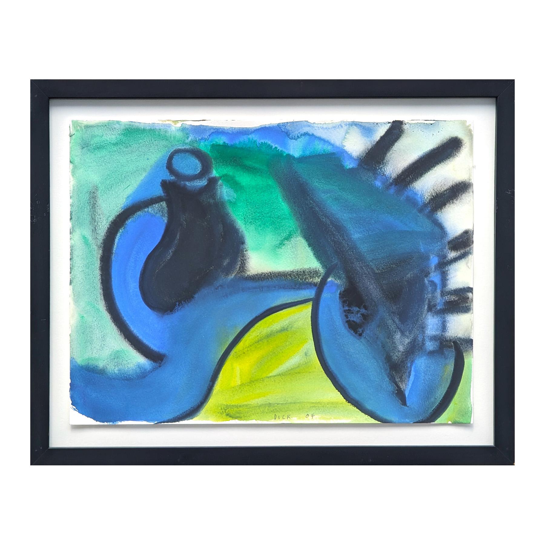 Modern Abstract Blue and Green Toned Organic Shaped Watercolor Painting - Art by Dick Wray
