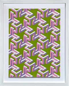 "4D Spiral" Contemporary Green, Pink, and Purple Hand Drawn Tessellated Abstract