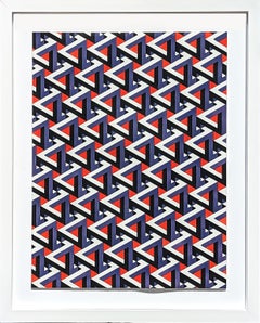 "Penrose Steps" Abstrait contemporain dessiné à la main en tesselles rouges et violettes