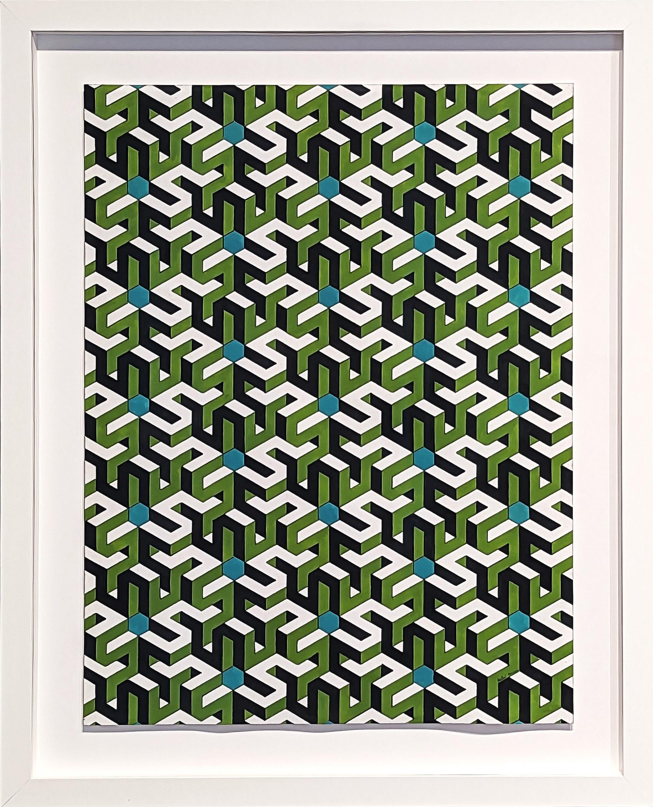 Austin Magruder Abstract Drawing – "Opposite Underlap" Contemporary Green and Aqua Hand Drawn Tessellated Abstract