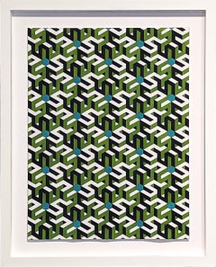 "Opposite Underlap" Abstrait contemporain dessiné à la main en tesselles de vert et d'aqua