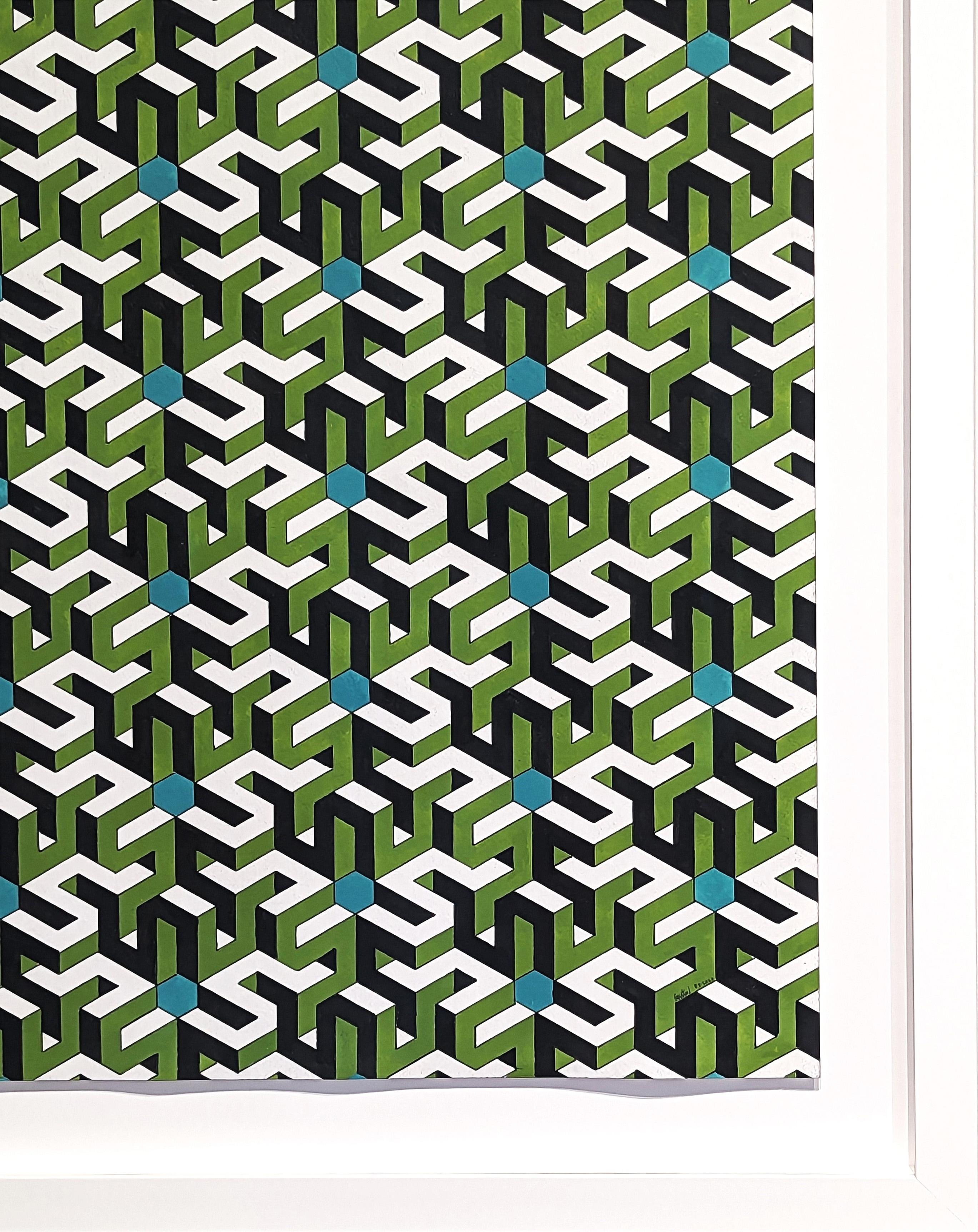 Peinture d'art optique dessinée à la main par l'artiste contemporain Austin Magruder. L'œuvre présente des tessellations abstraites et géométriques qui créent un motif hypnotique. Signé et daté dans le coin inférieur droit du recto. Actuellement